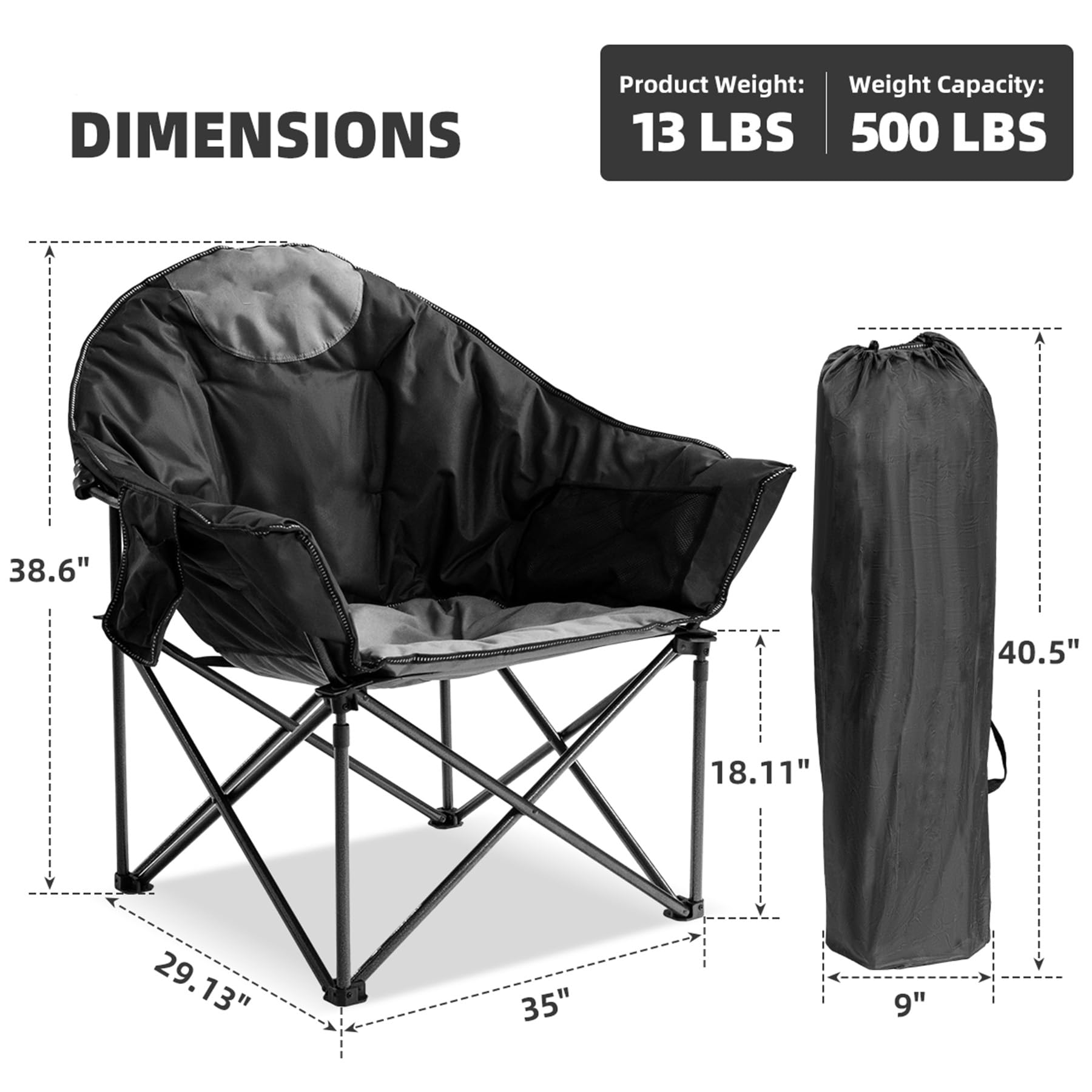 Oversized Heavy Duty Moon Saucer Camping Chair with Cup Holder Storage Pocket and Carry Bag