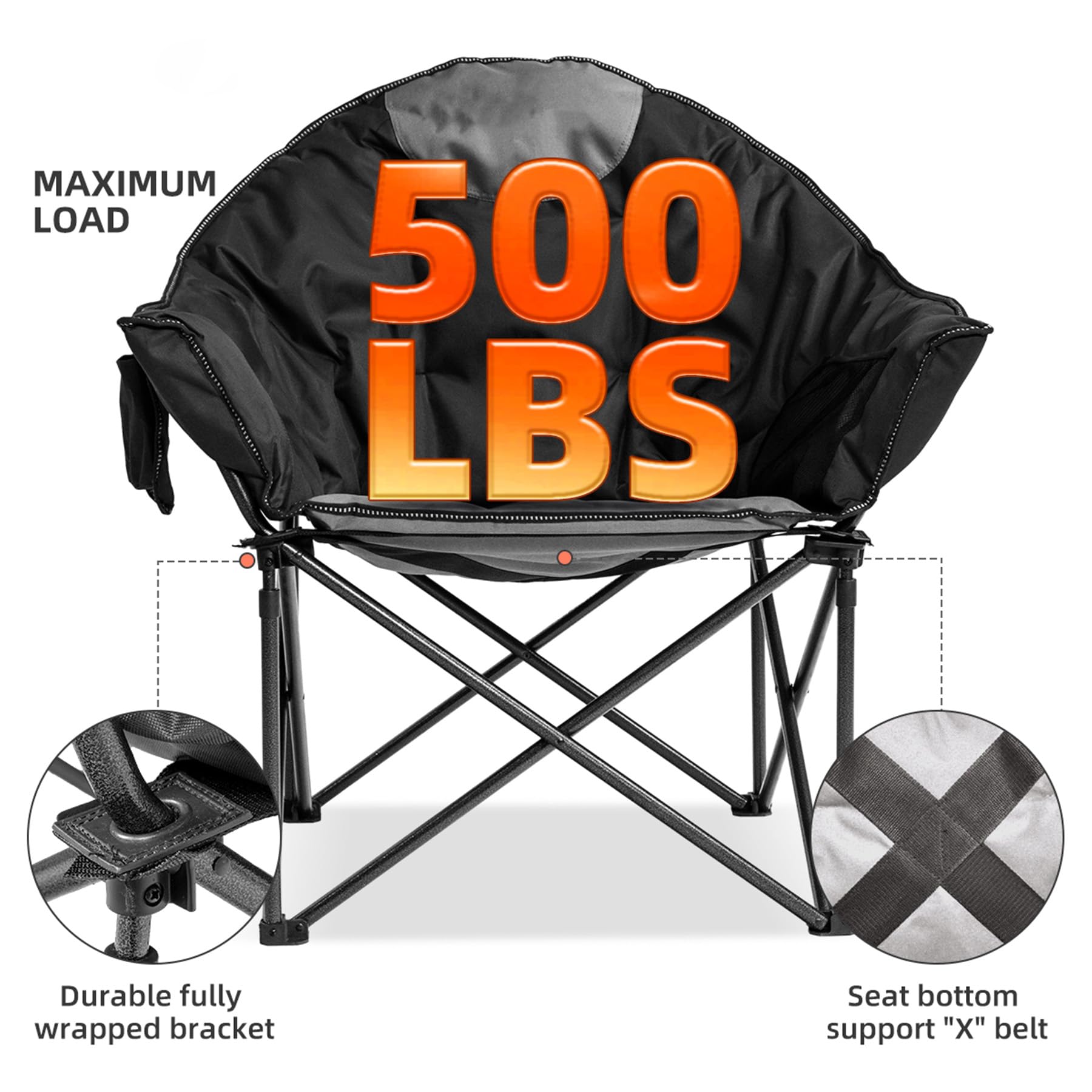 Oversized Heavy Duty Moon Saucer Camping Chair with Cup Holder Storage Pocket and Carry Bag
