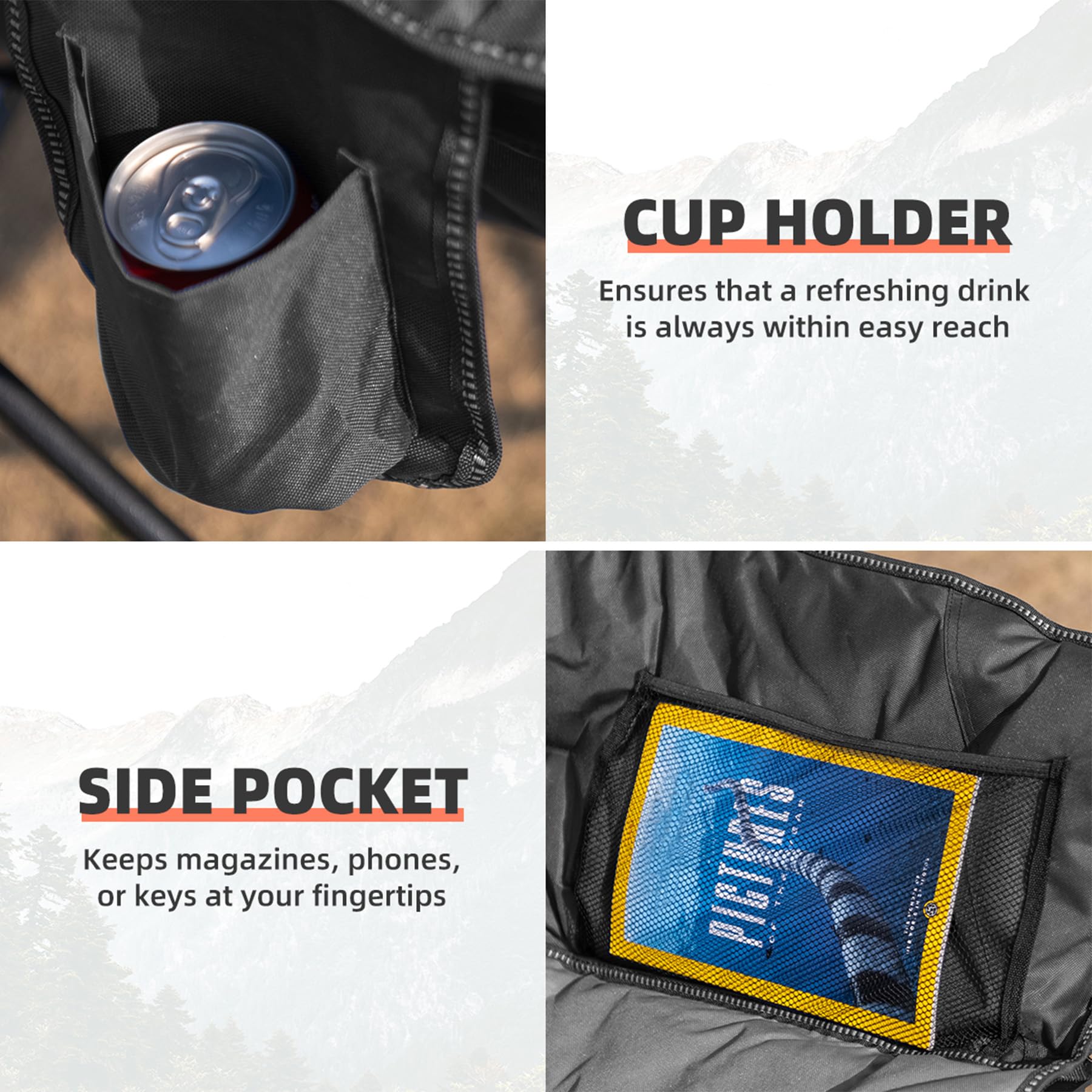 Oversized Heavy Duty Moon Saucer Camping Chair with Cup Holder Storage Pocket and Carry Bag