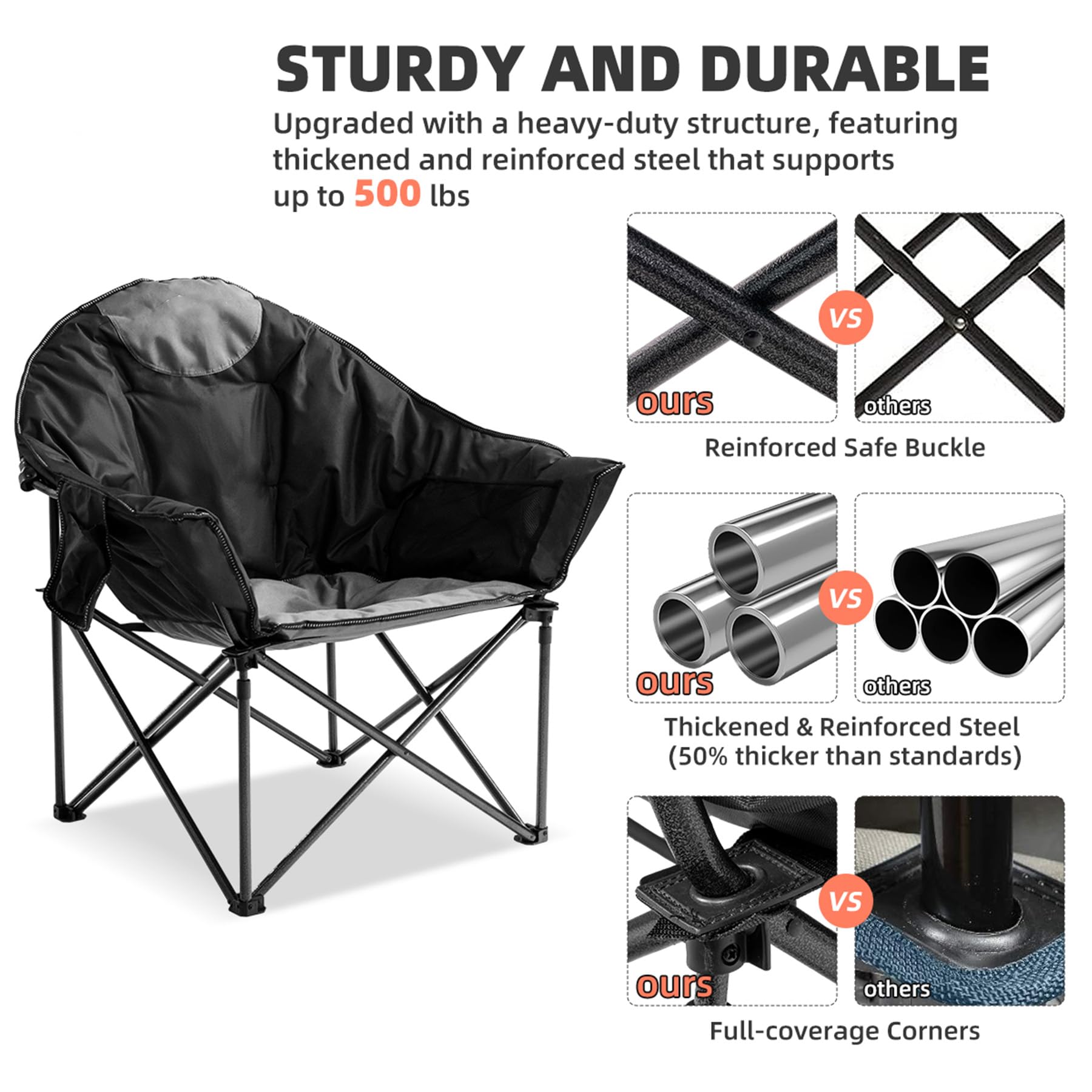 Oversized Heavy Duty Moon Saucer Camping Chair with Cup Holder Storage Pocket and Carry Bag