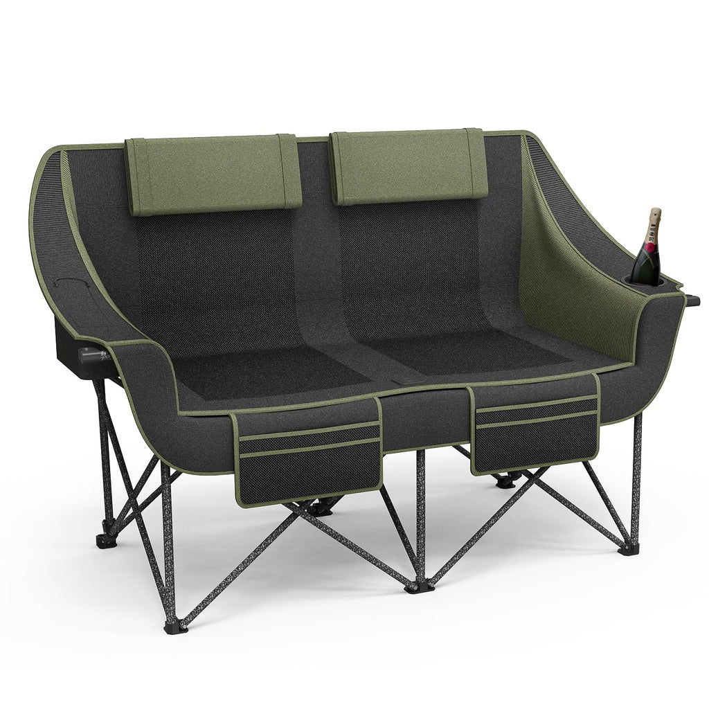 Oversized Heavy Duty Folding Camping Chair for Two Adults Loveseat with Cup Holders Storage Pockets and Carry Bag