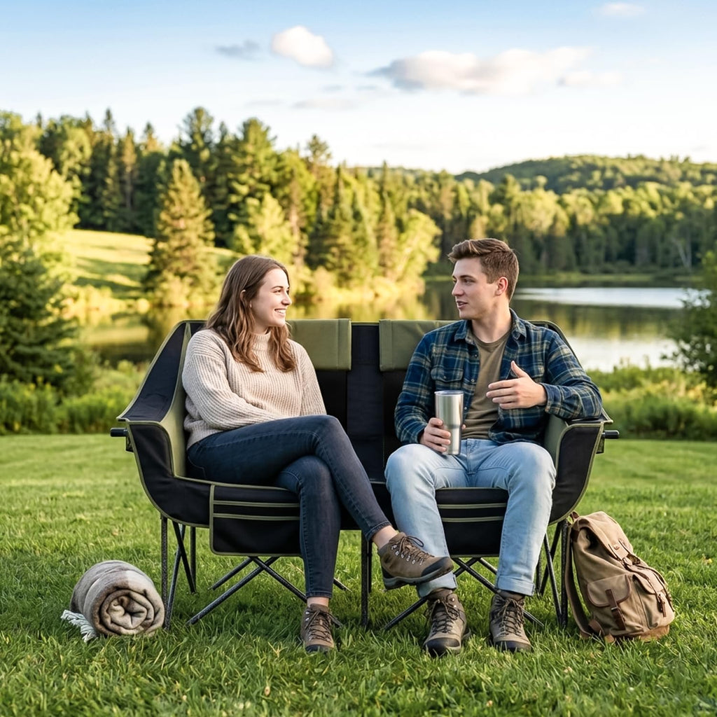 Oversized Heavy Duty Folding Camping Chair for Two Adults Loveseat with Cup Holders Storage Pockets and Carry Bag