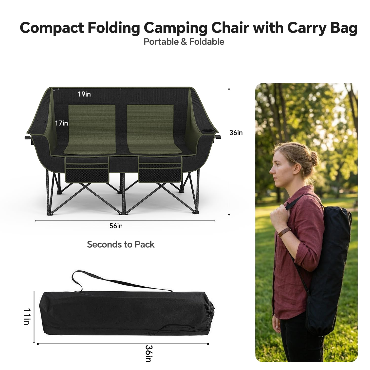 Oversized Heavy Duty Folding Camping Chair for Two Adults Loveseat with Cup Holders Storage Pockets and Carry Bag