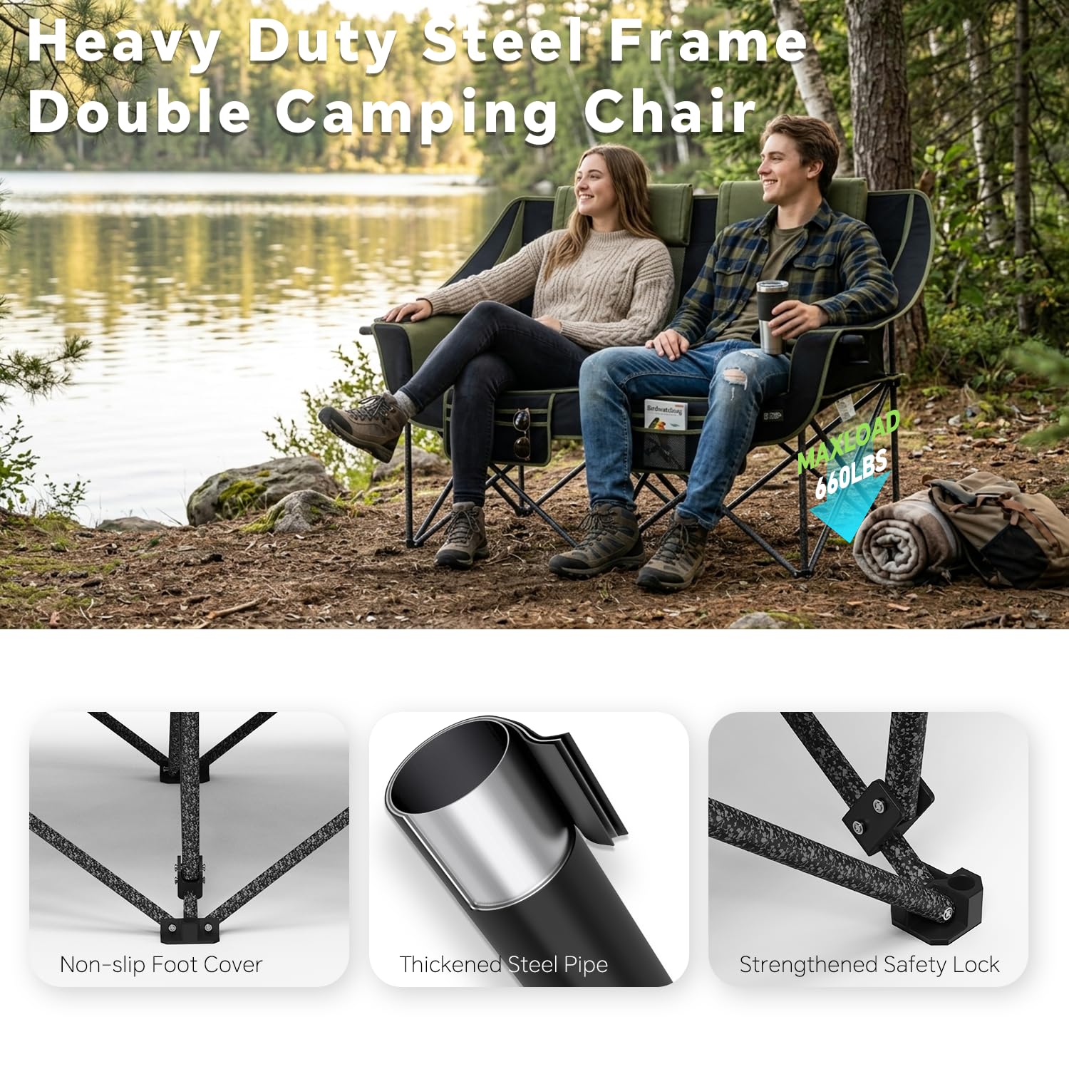 Oversized Heavy Duty Folding Camping Chair for Two Adults Loveseat with Cup Holders Storage Pockets and Carry Bag