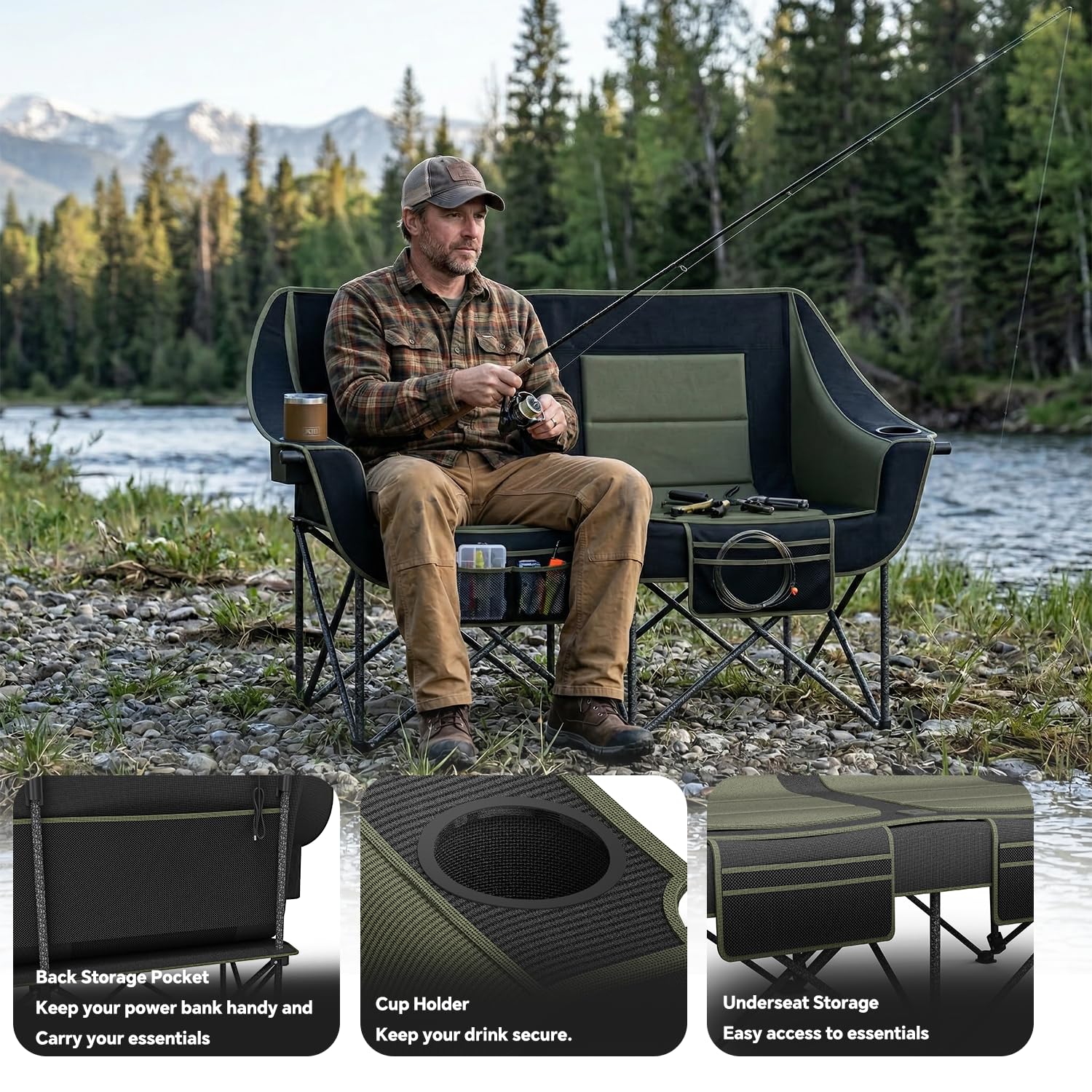 Oversized Heavy Duty Folding Camping Chair for Two Adults Loveseat with Cup Holders Storage Pockets and Carry Bag