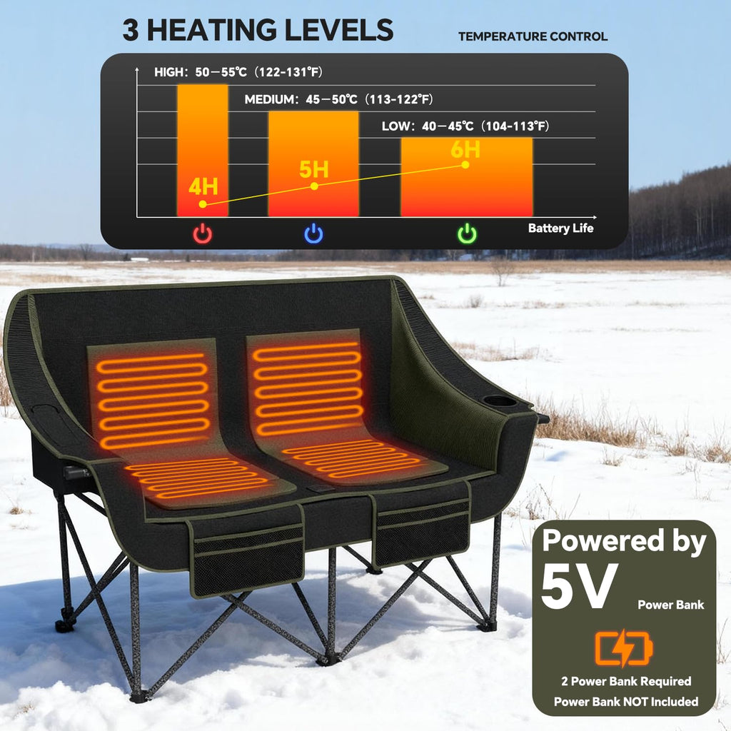 Oversized Heavy Duty Folding Camping Chair for Two Adults Loveseat with Cup Holders Storage Pockets and Carry Bag