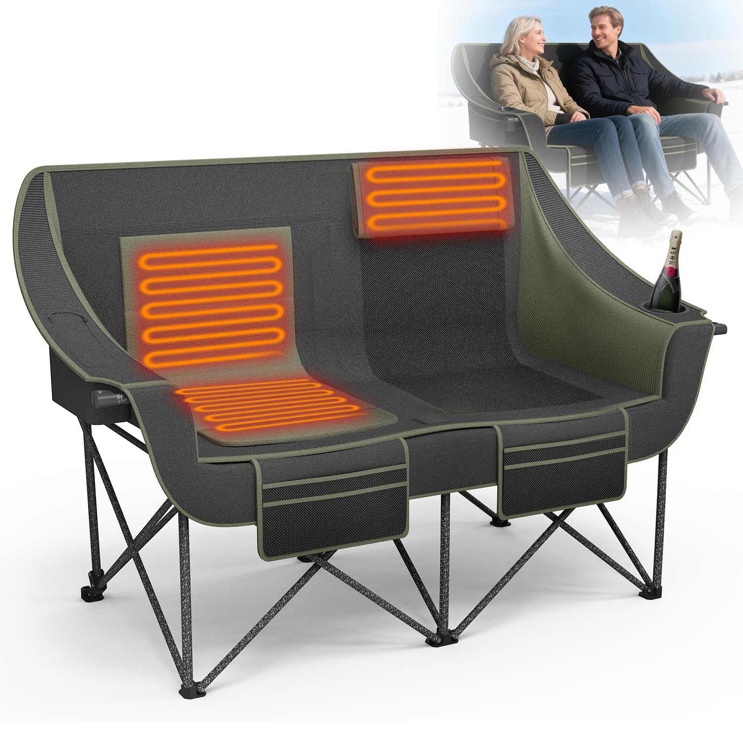 Oversized Heavy Duty Folding Camping Chair for Two Adults Loveseat with Cup Holders Storage Pockets and Carry Bag