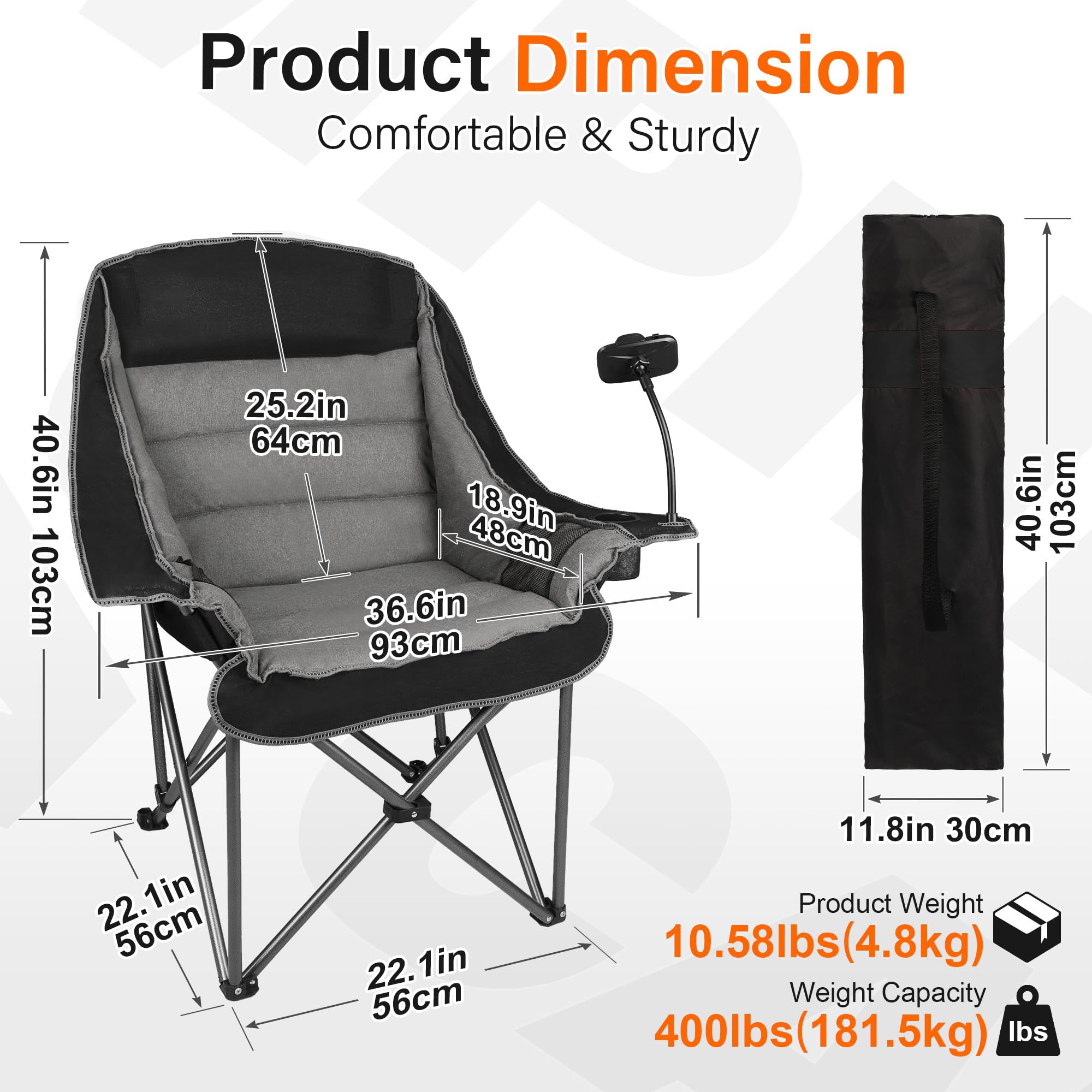 Oversized Folding Camping Chair for Adults Heavy Duty with Cup Holder Phone Holder and Side Pocket