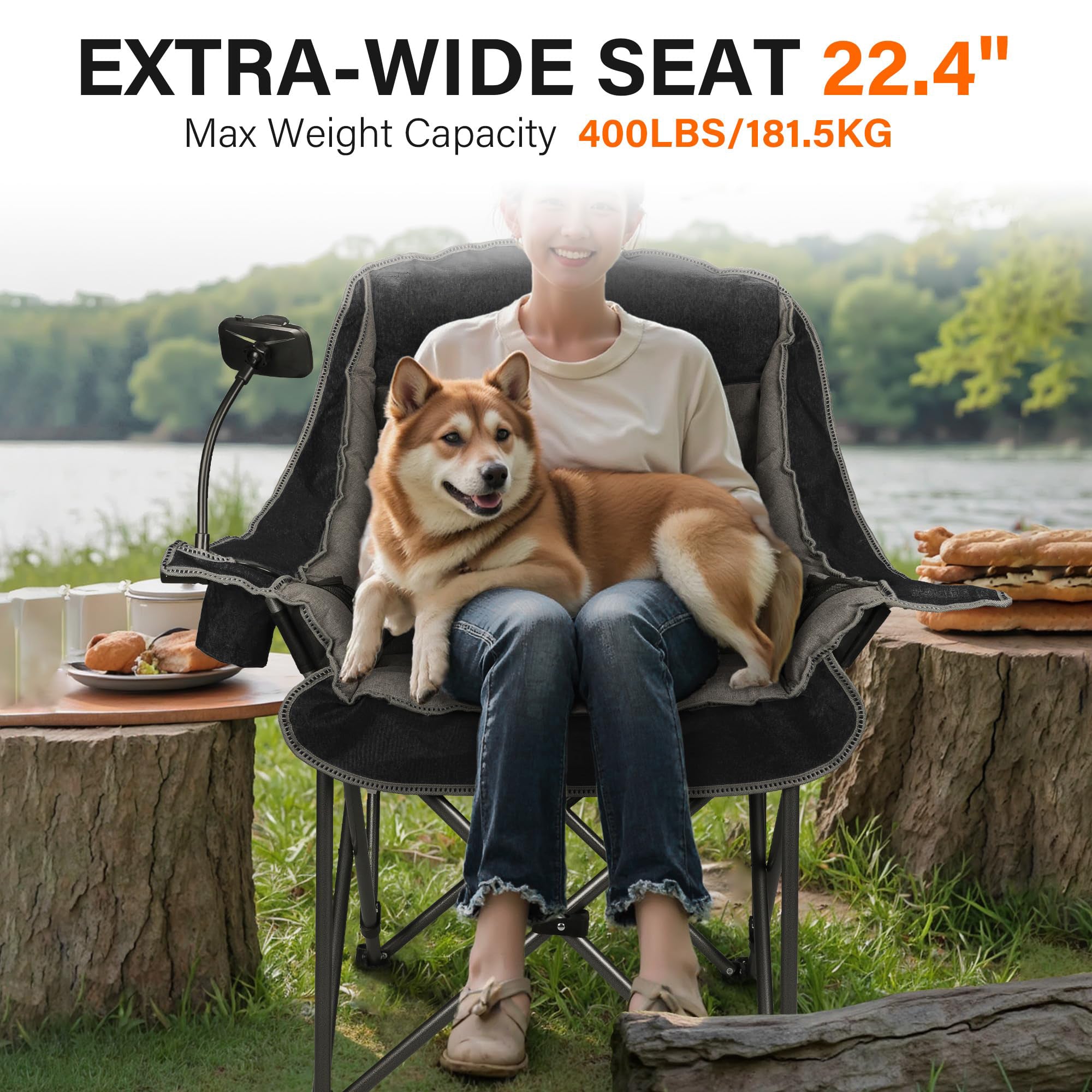 Oversized Folding Camping Chair for Adults Heavy Duty with Cup Holder Phone Holder and Side Pocket