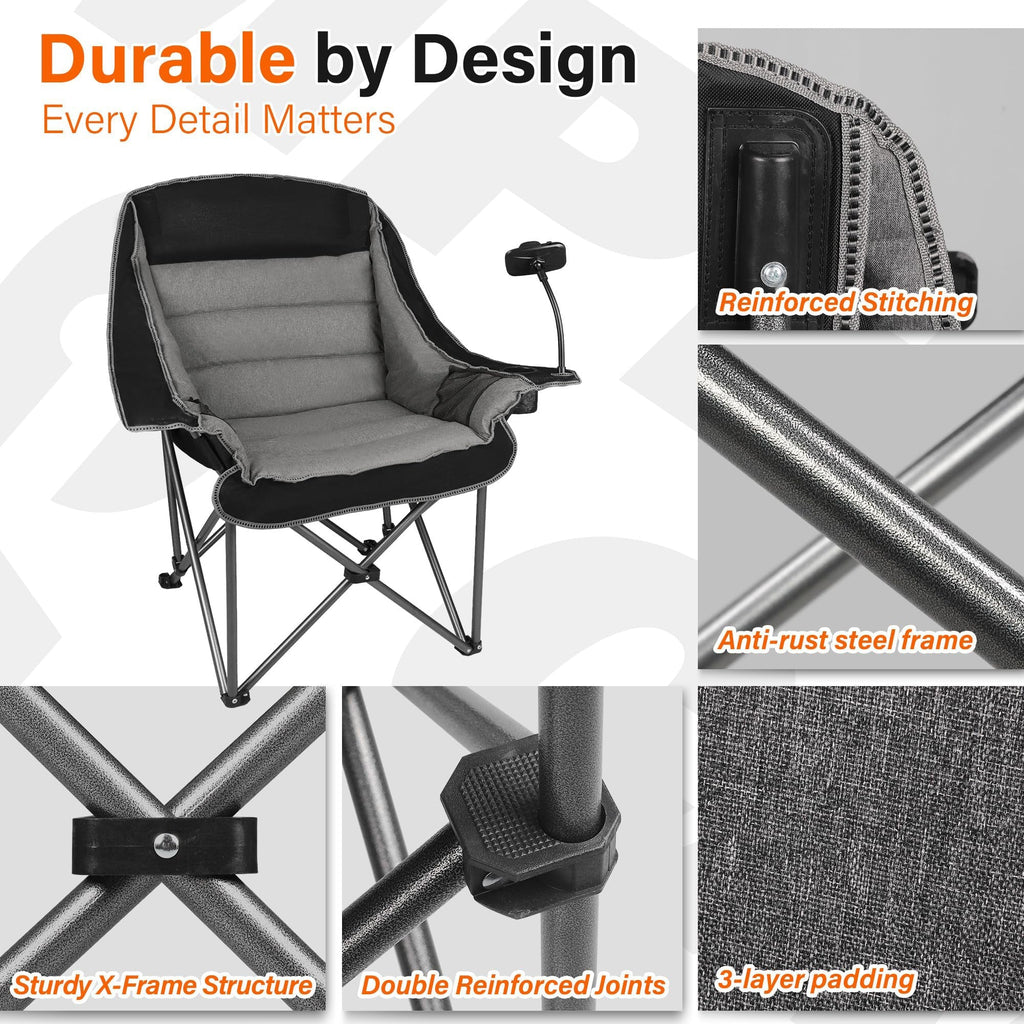 Oversized Folding Camping Chair for Adults Heavy Duty with Cup Holder Phone Holder and Side Pocket