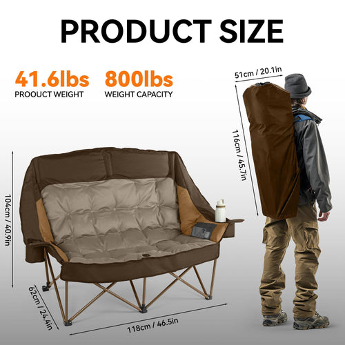 High Back Double Camping Chair for Two Adults Low Seat Folding Loveseat with Cup Holders and Carry Bag