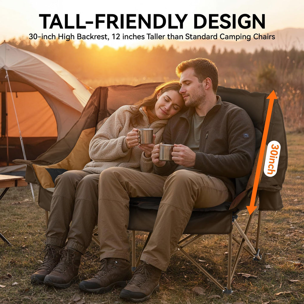High Back Double Camping Chair for Two Adults Low Seat Folding Loveseat with Cup Holders and Carry Bag