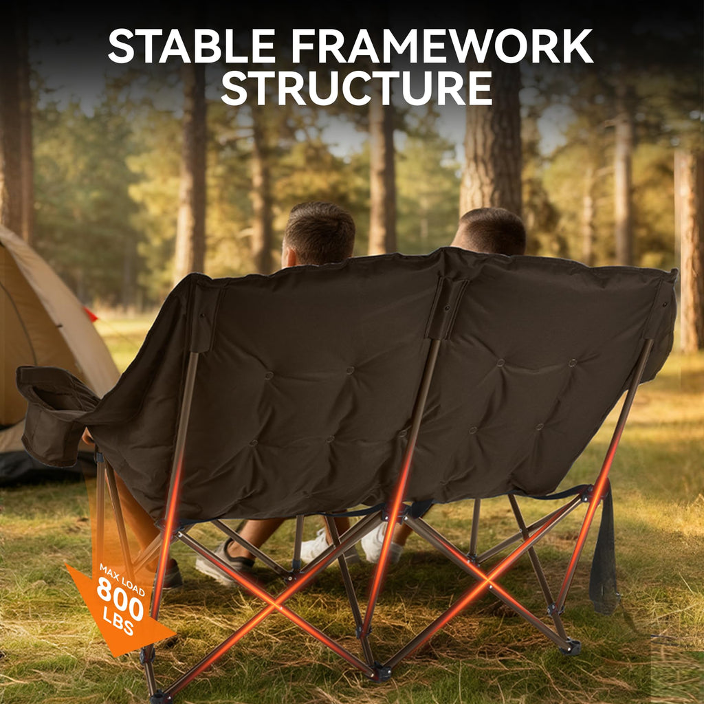 High Back Double Camping Chair for Two Adults Low Seat Folding Loveseat with Cup Holders and Carry Bag