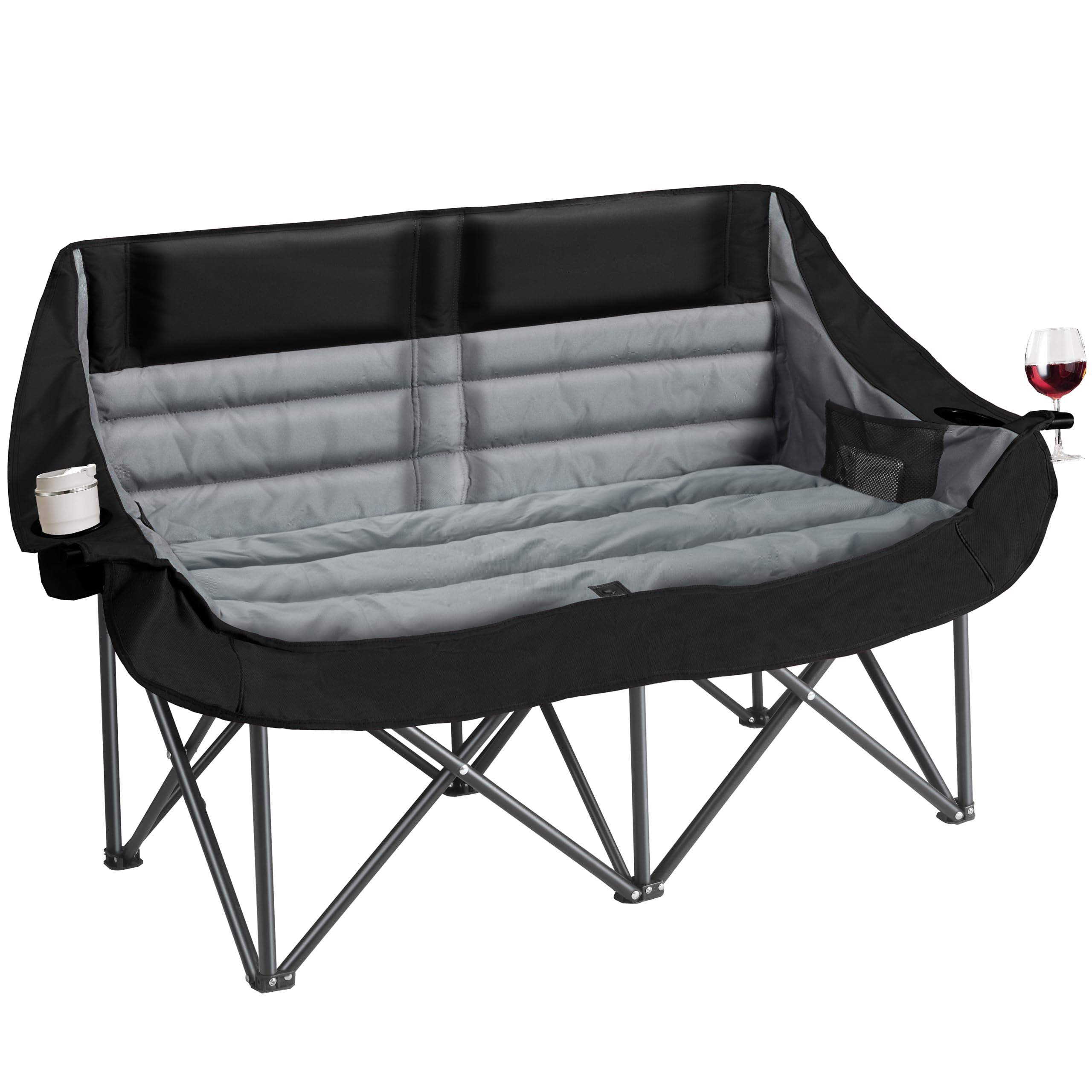 Oversized Double Camping Chair for Two Adults Folding Padded Loveseat with Cup Holders and Carry Bag