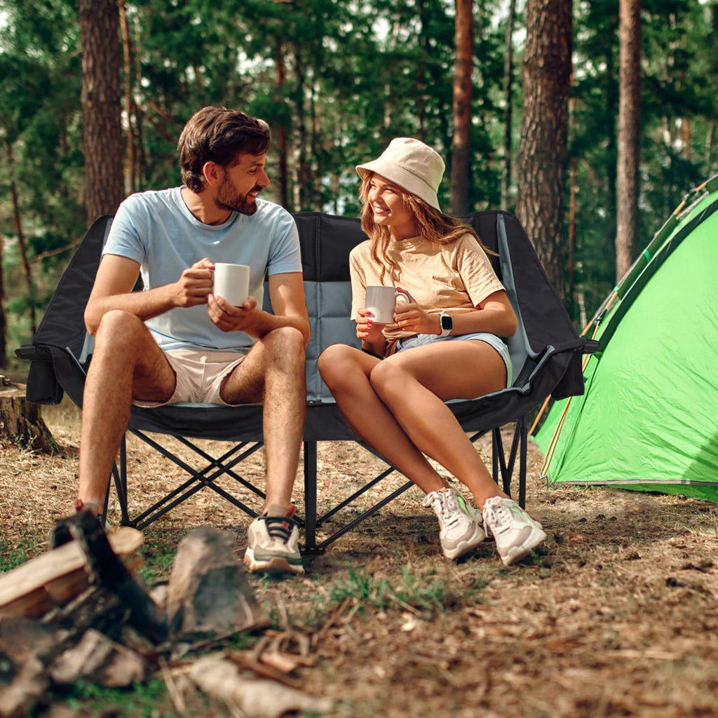 Oversized Double Camping Chair for Two Adults Folding Padded Loveseat with Cup Holders and Carry Bag