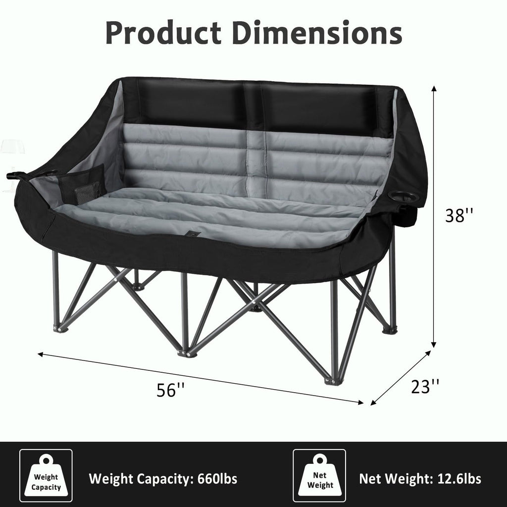 Oversized Double Camping Chair for Two Adults Folding Padded Loveseat with Cup Holders and Carry Bag