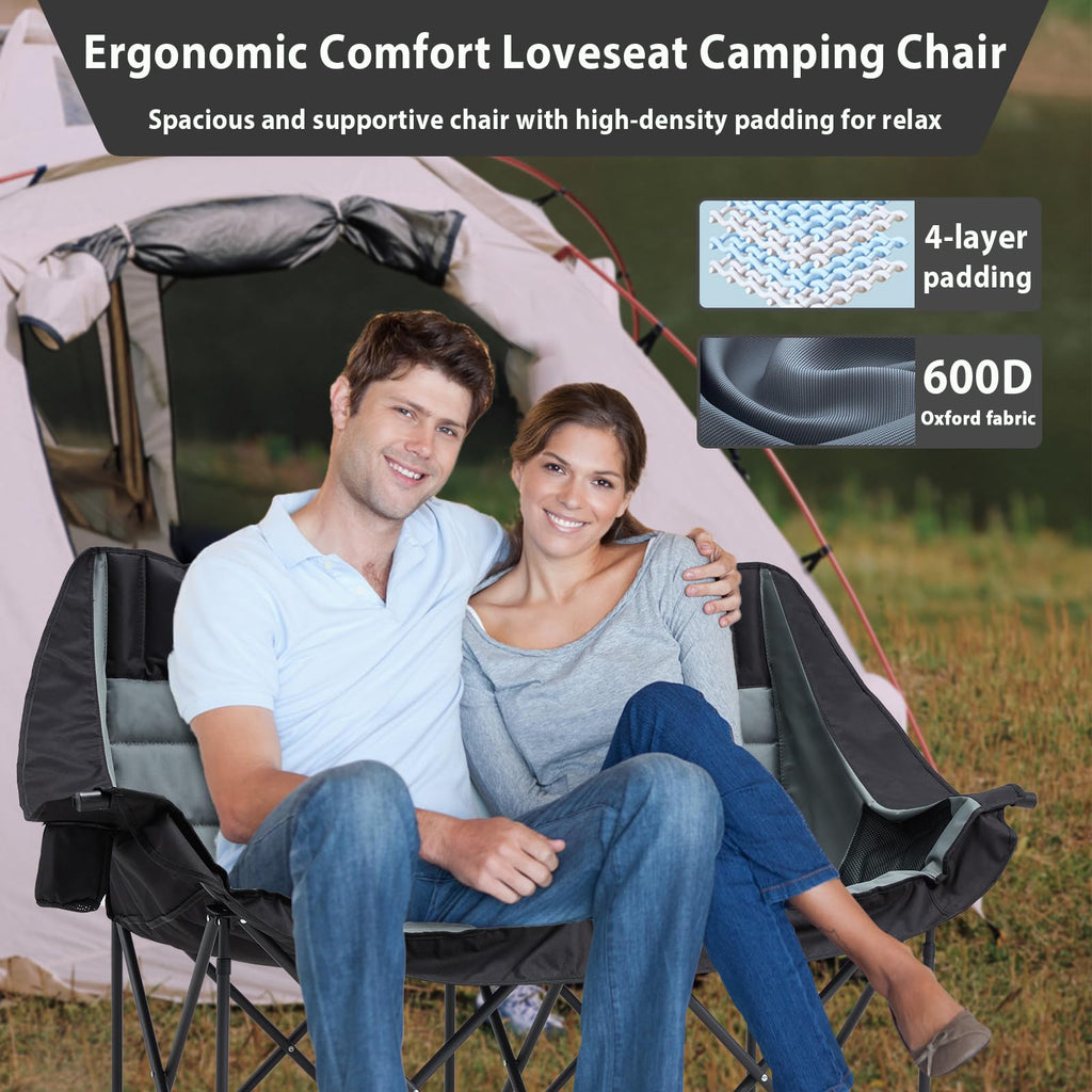 Oversized Double Camping Chair for Two Adults Folding Padded Loveseat with Cup Holders and Carry Bag
