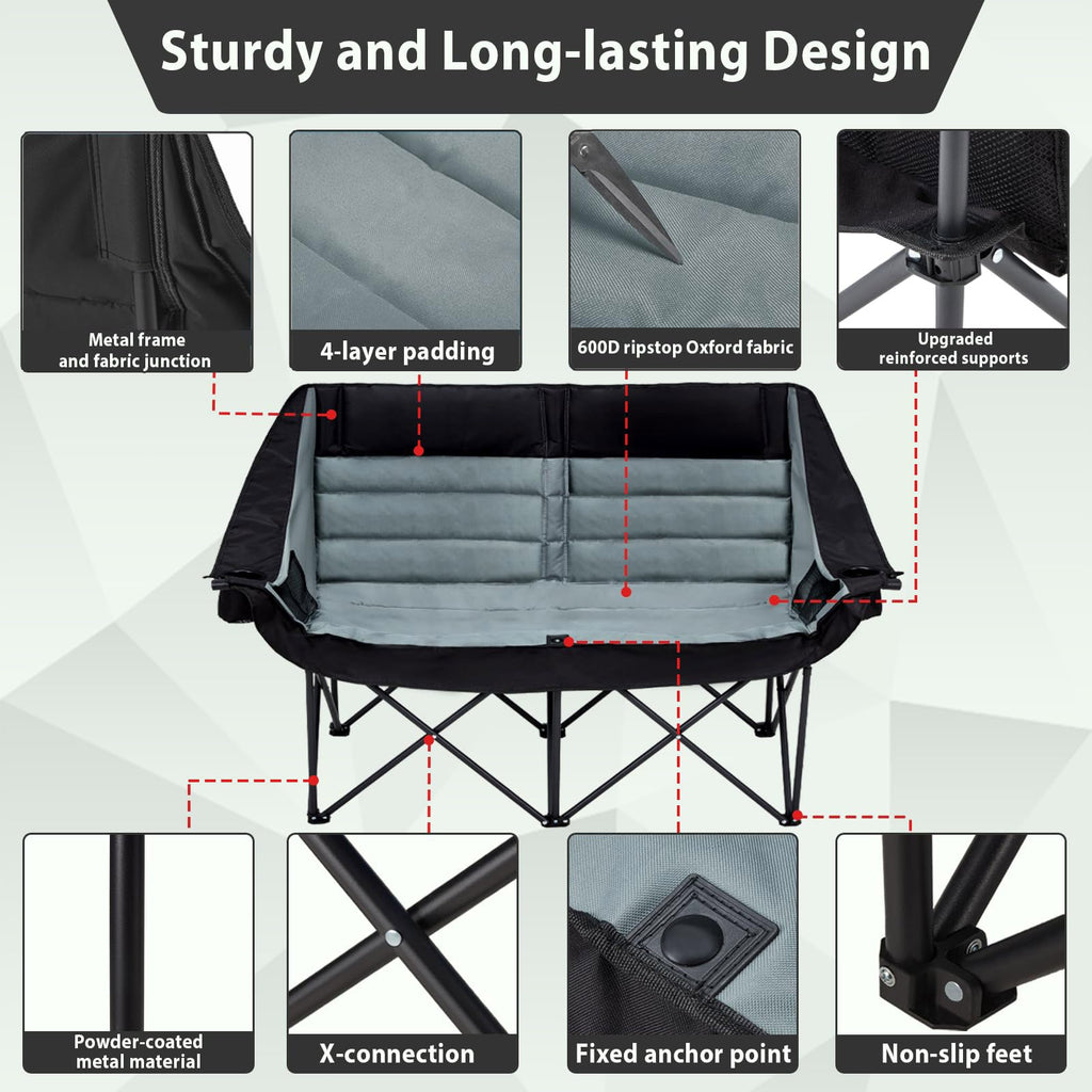 Oversized Double Camping Chair for Two Adults Folding Padded Loveseat with Cup Holders and Carry Bag