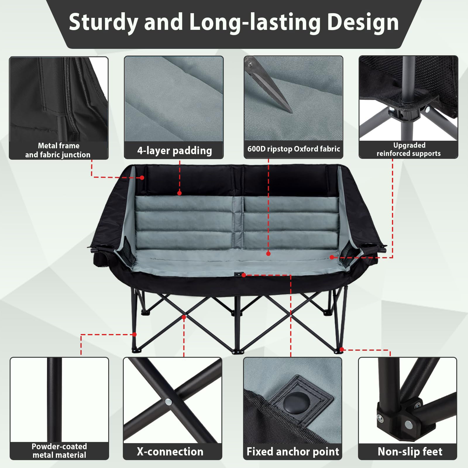 Oversized Double Camping Chair for Two Adults Folding Padded Loveseat with Cup Holders and Carry Bag