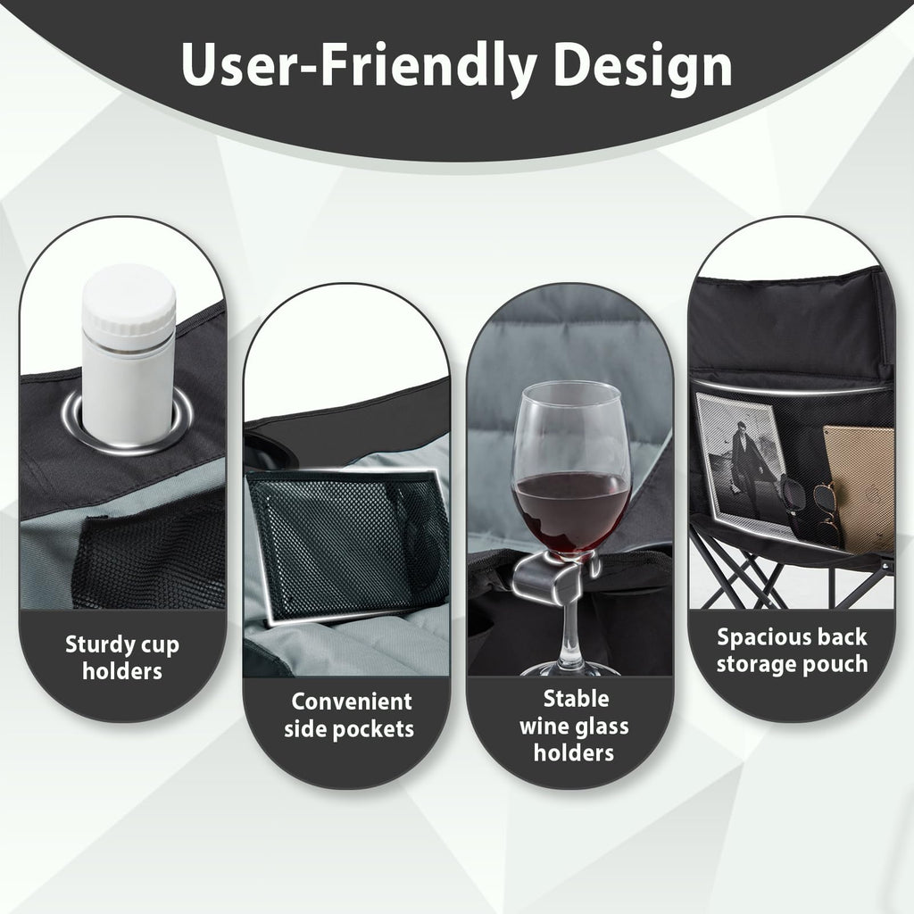 Oversized Double Camping Chair for Two Adults Folding Padded Loveseat with Cup Holders and Carry Bag