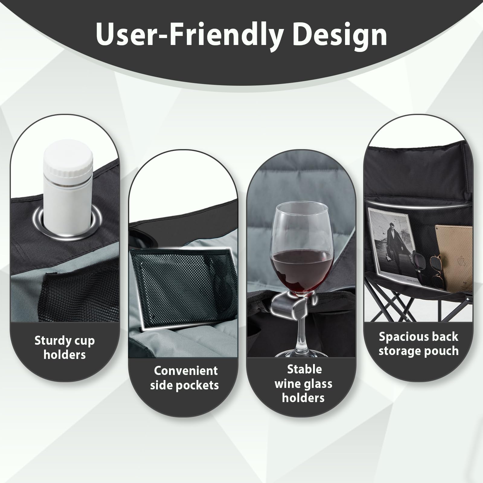 Oversized Double Camping Chair for Two Adults Folding Padded Loveseat with Cup Holders and Carry Bag