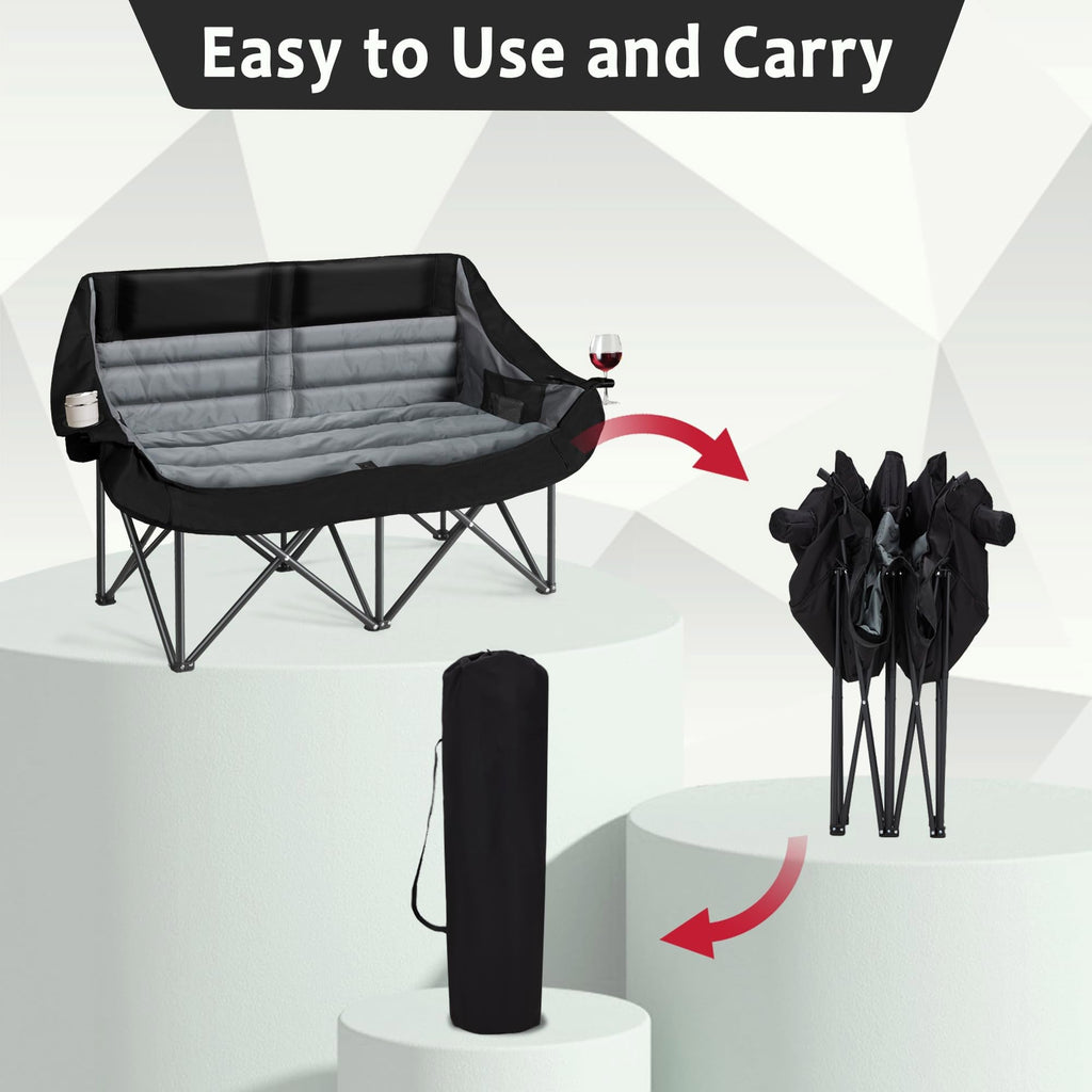 Oversized Double Camping Chair for Two Adults Folding Padded Loveseat with Cup Holders and Carry Bag