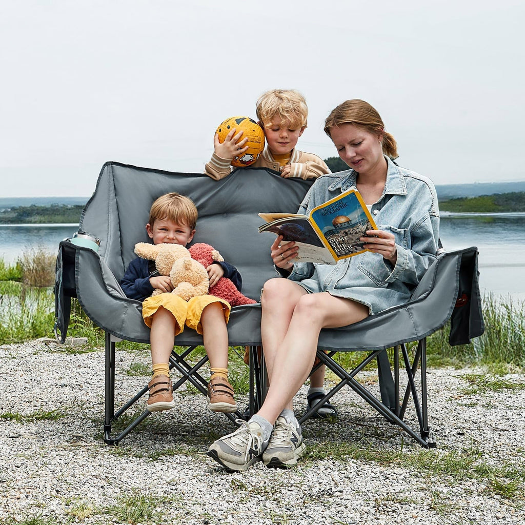 Double Camping Chair for Two Adults Folding Padded Loveseat with Cup Holders and Carry Bag