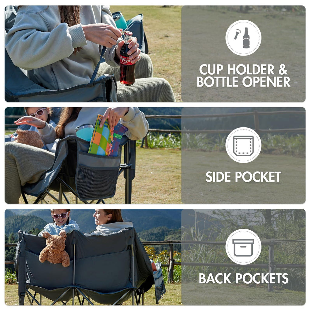 Double Camping Chair for Two Adults Folding Padded Loveseat with Cup Holders and Carry Bag