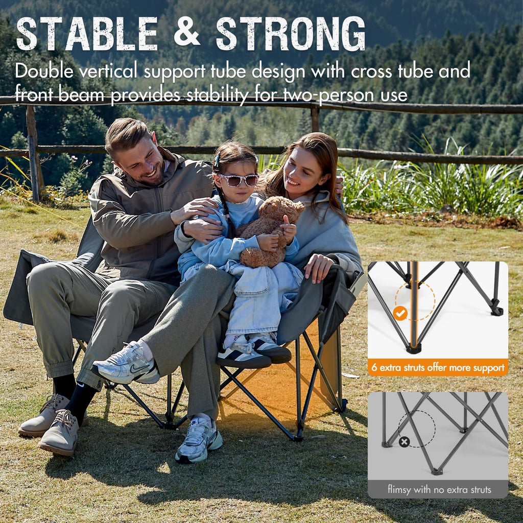 Double Camping Chair for Two Adults Folding Padded Loveseat with Cup Holders and Carry Bag
