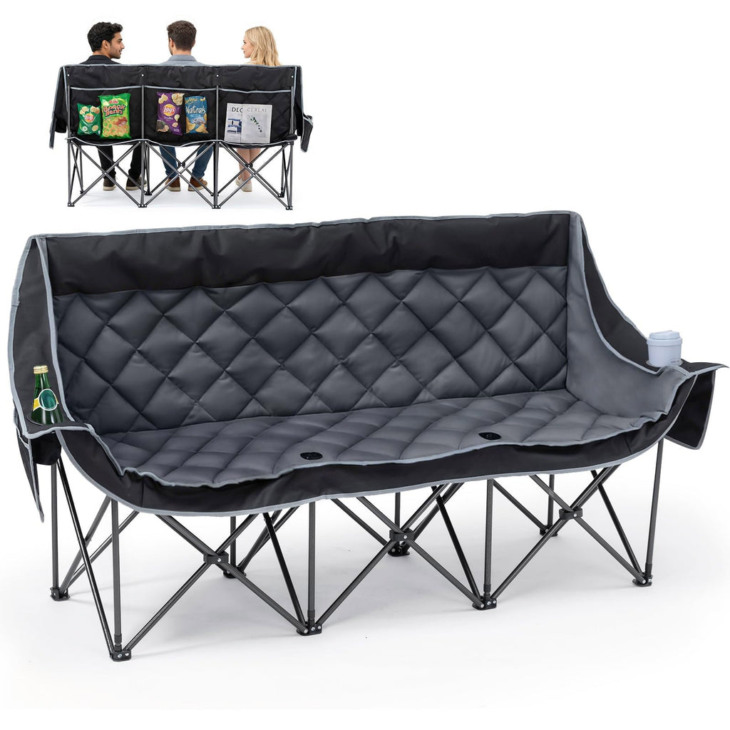 Oversized 3 Person Camping Chair Folding Padded Loveseat with Cup Holders