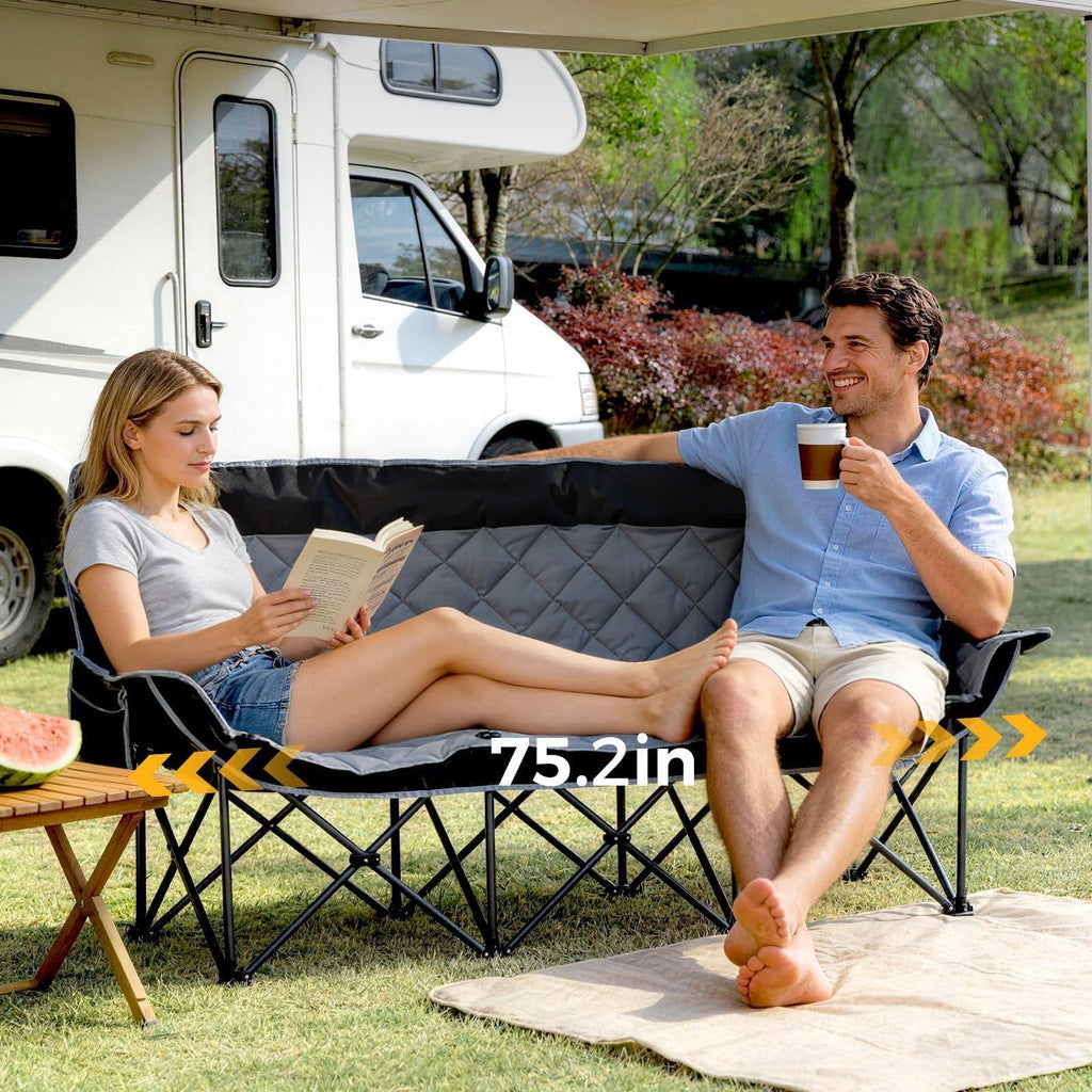 Oversized 3 Person Camping Chair Folding Padded Loveseat with Cup Holders