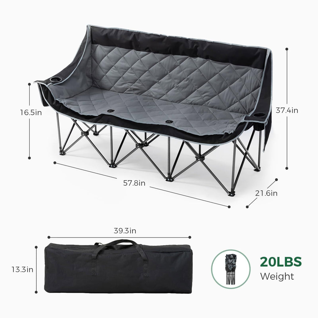 Oversized 3 Person Camping Chair Folding Padded Loveseat with Cup Holders