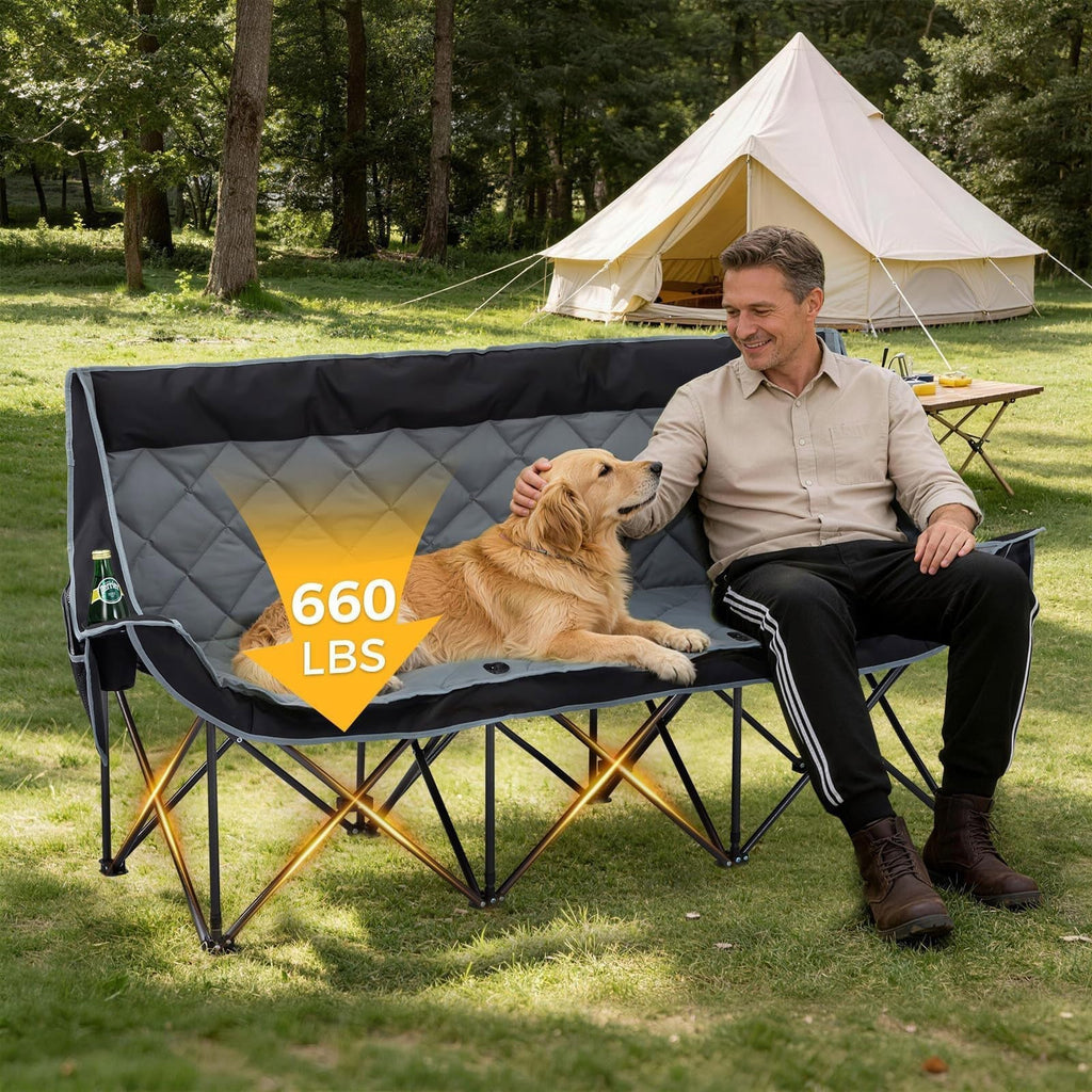 Oversized 3 Person Camping Chair Folding Padded Loveseat with Cup Holders