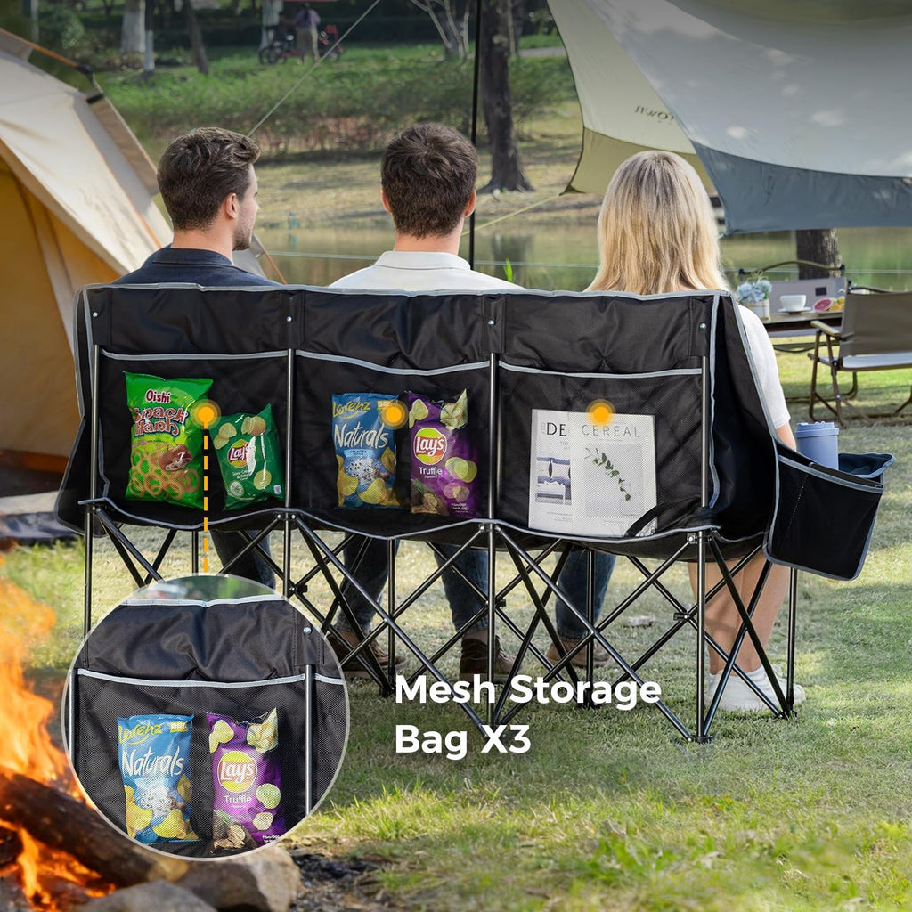 Oversized 3 Person Camping Chair Folding Padded Loveseat with Cup Holders