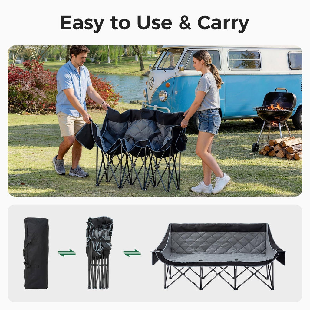 Oversized 3 Person Camping Chair Folding Padded Loveseat with Cup Holders