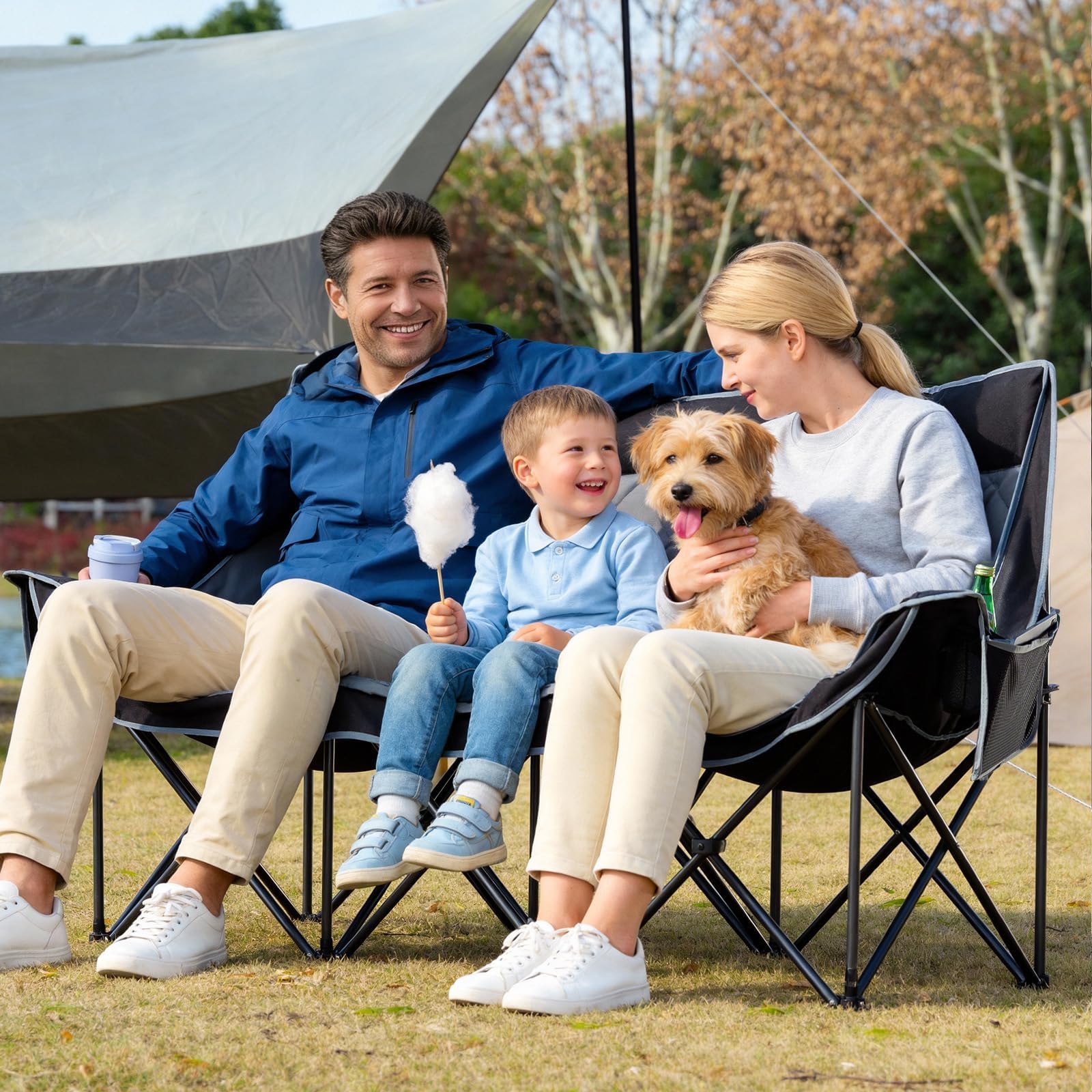 Oversized 3 Person Camping Chair Folding Padded Loveseat with Cup Holders