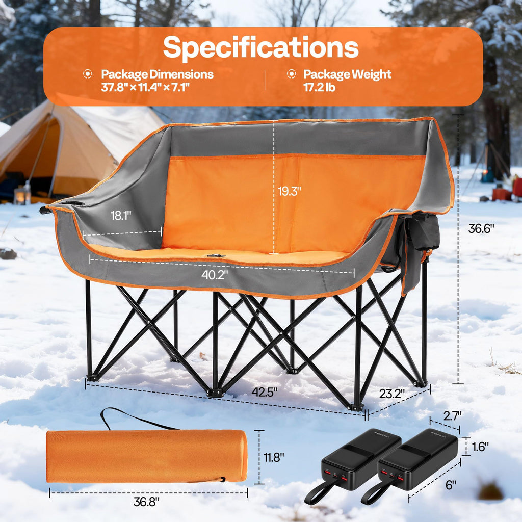 Heated Double Camping Chair Folding Loveseat with Power Banks Cup Holders