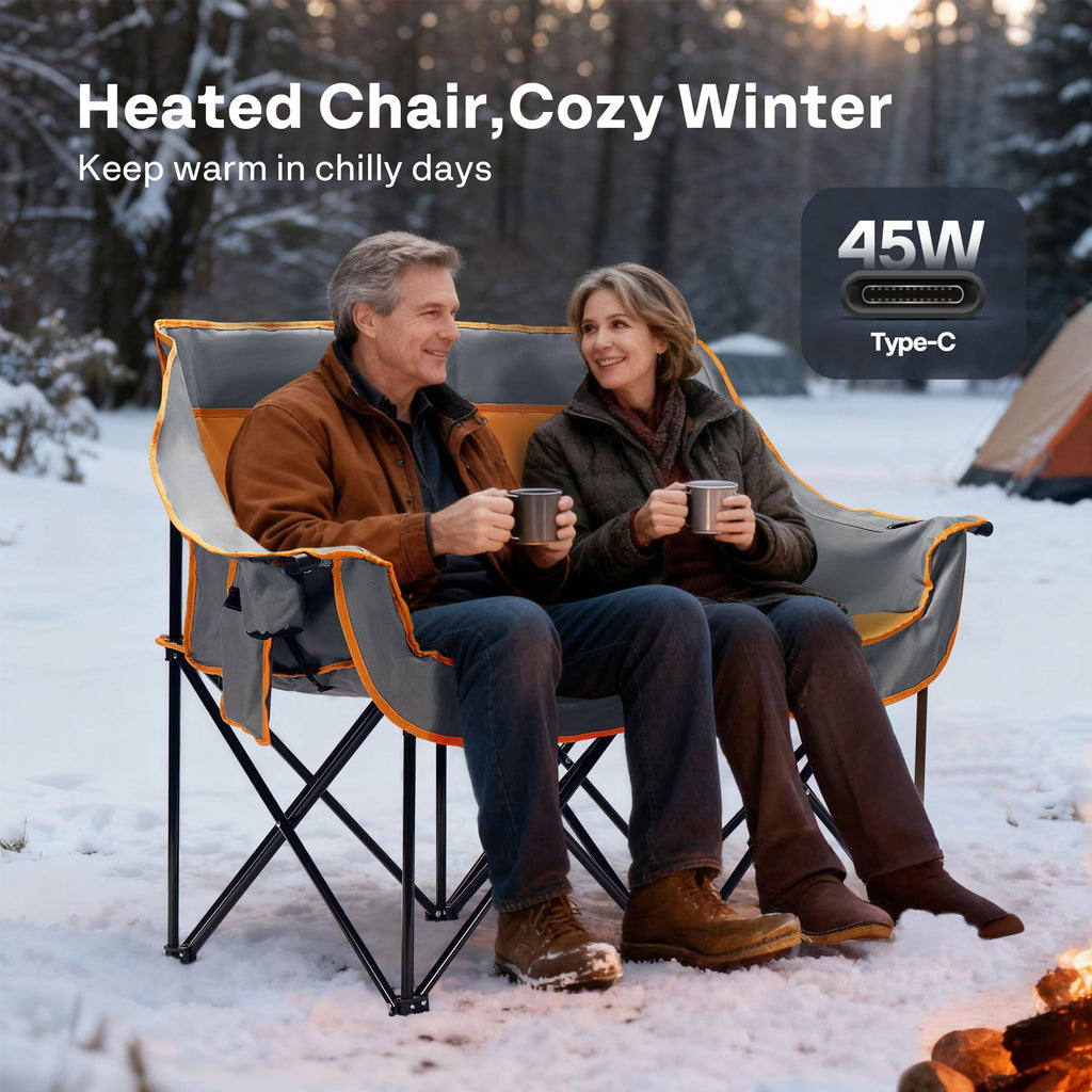 Heated Double Camping Chair Folding Loveseat with Power Banks Cup Holders