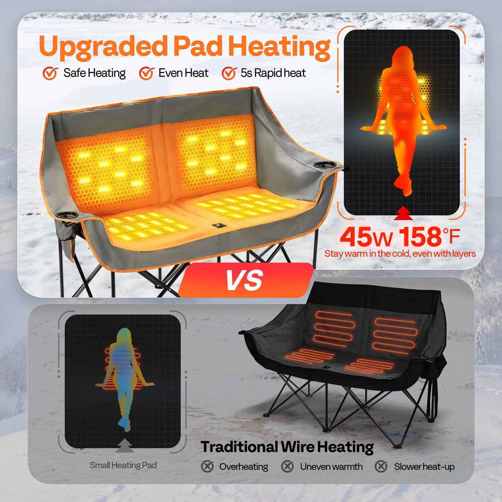 Heated Double Camping Chair Folding Loveseat with Power Banks Cup Holders