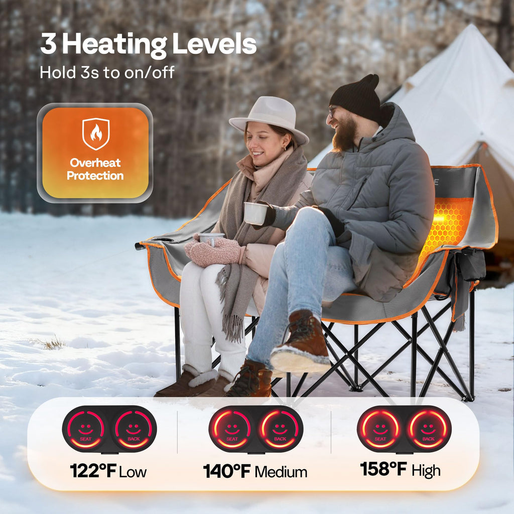 Heated Double Camping Chair Folding Loveseat with Power Banks Cup Holders
