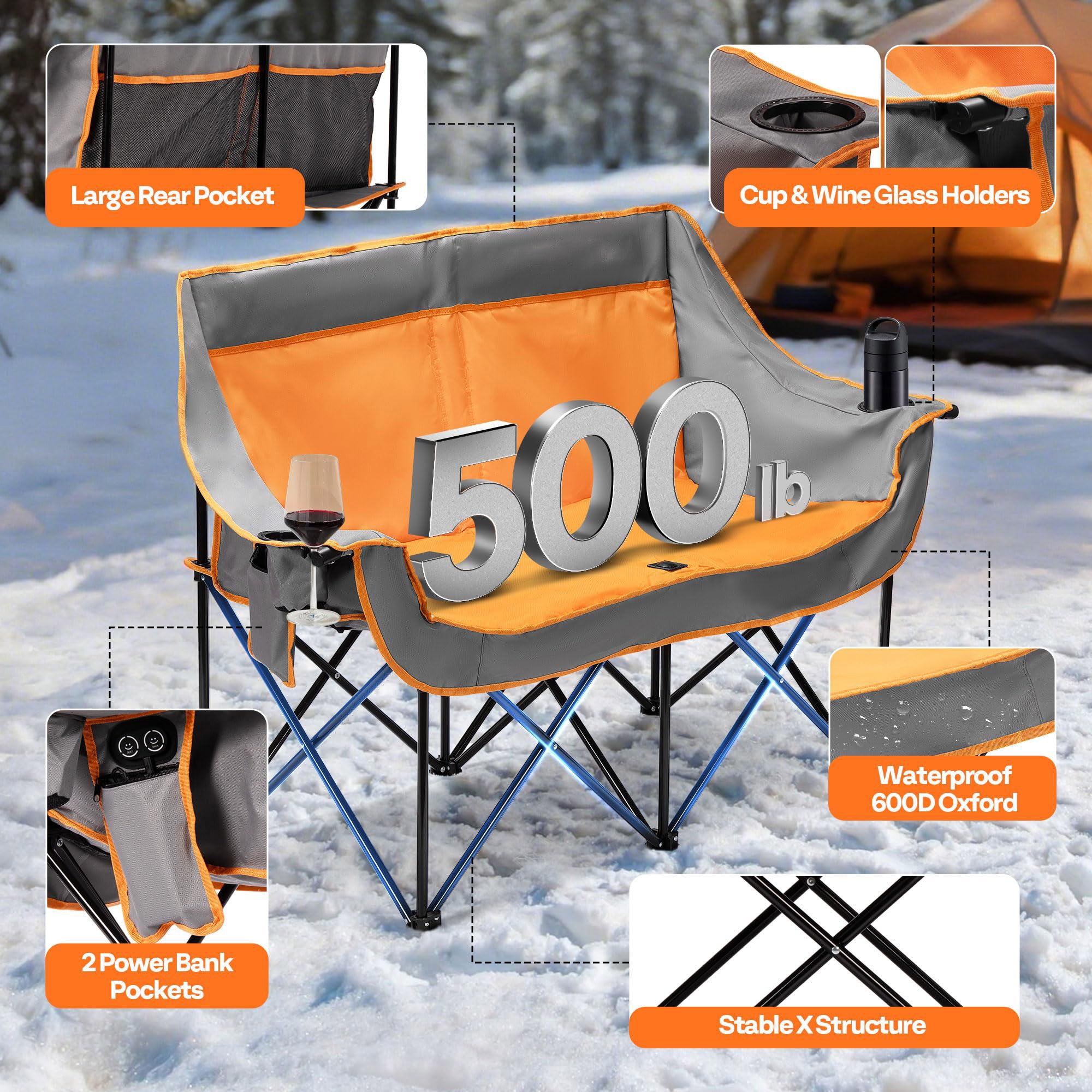 Heated Double Camping Chair Folding Loveseat with Power Banks Cup Holders
