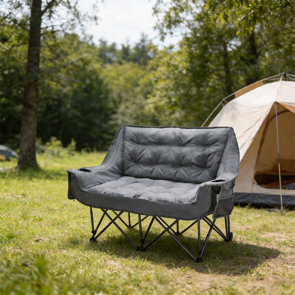 Double Camping Chair for Two Adults Folding Padded Loveseat with Cup Holders and Carry Bag