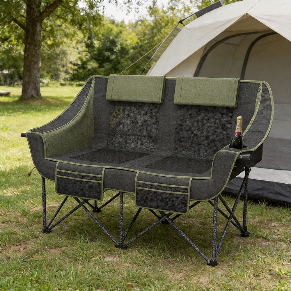 Oversized Heavy Duty Folding Camping Chair for Two Adults Loveseat with Cup Holders Storage Pockets and Carry Bag