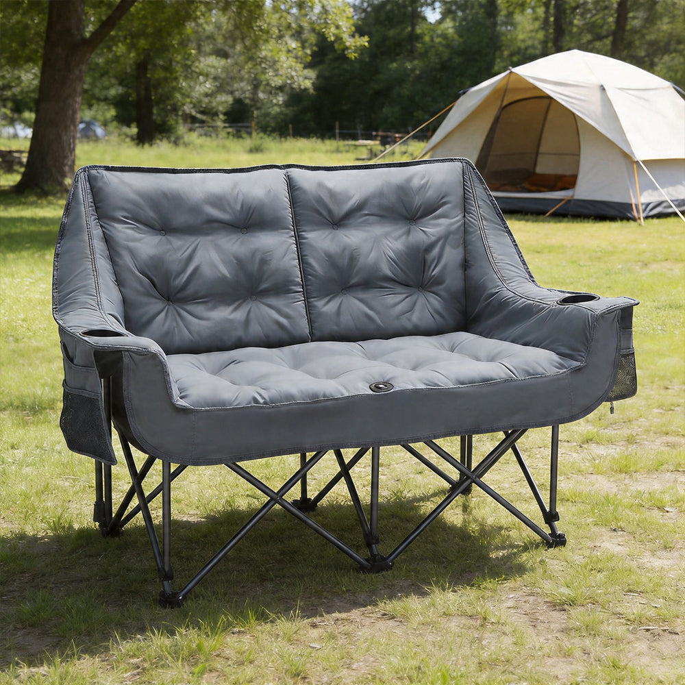 Double Camping Chair for Two Adults Folding Padded Loveseat with Cup Holders and Carry Bag