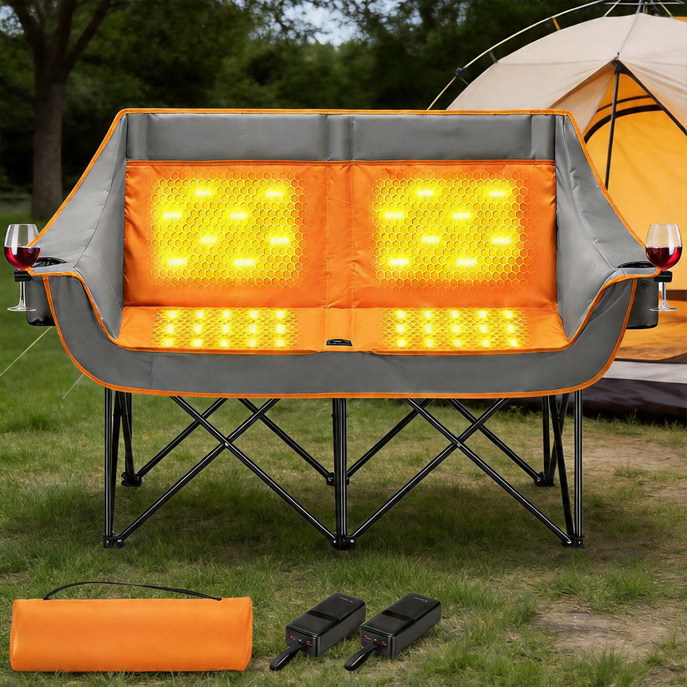 Heated Double Camping Chair Folding Loveseat with Power Banks Cup Holders
