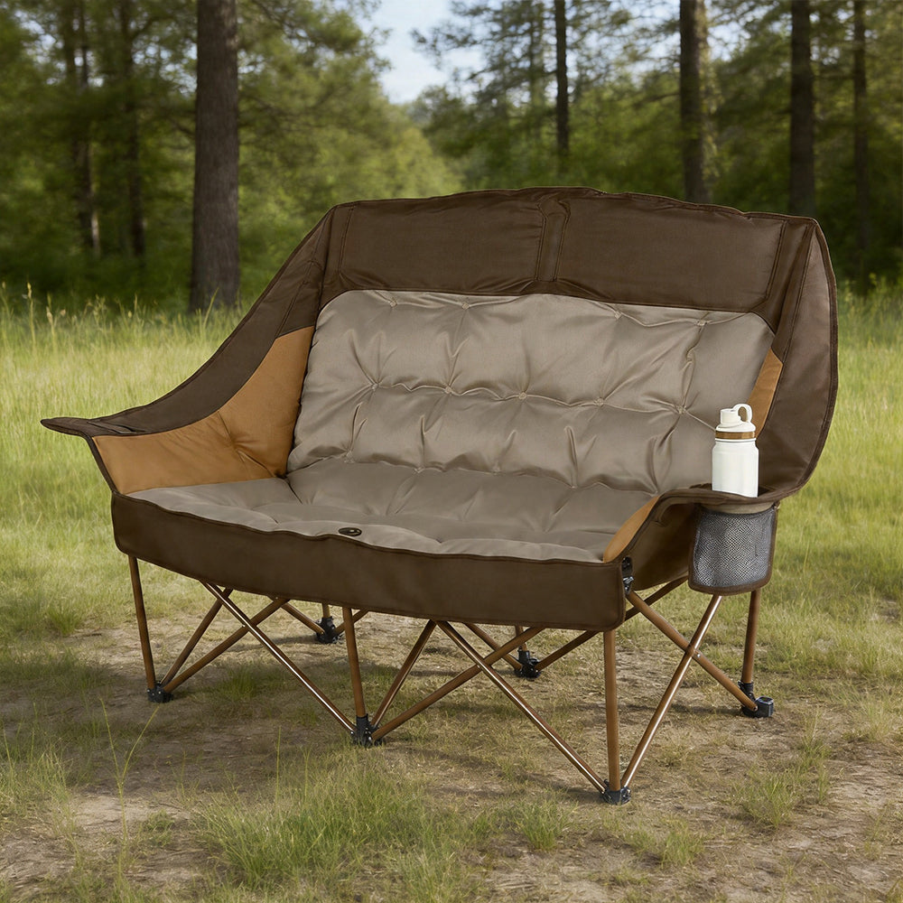 High Back Double Camping Chair for Two Adults Low Seat Folding Loveseat with Cup Holders and Carry Bag