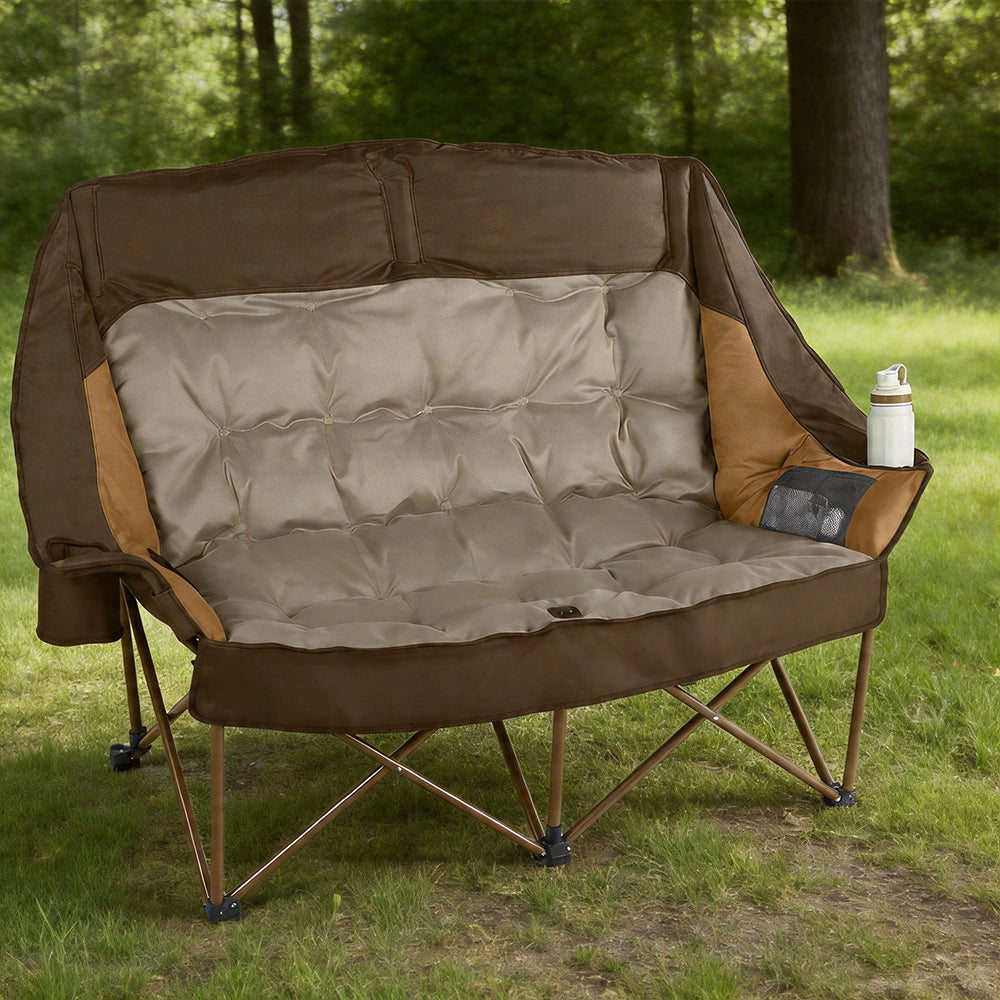 High Back Double Camping Chair for Two Adults Low Seat Folding Loveseat with Cup Holders and Carry Bag