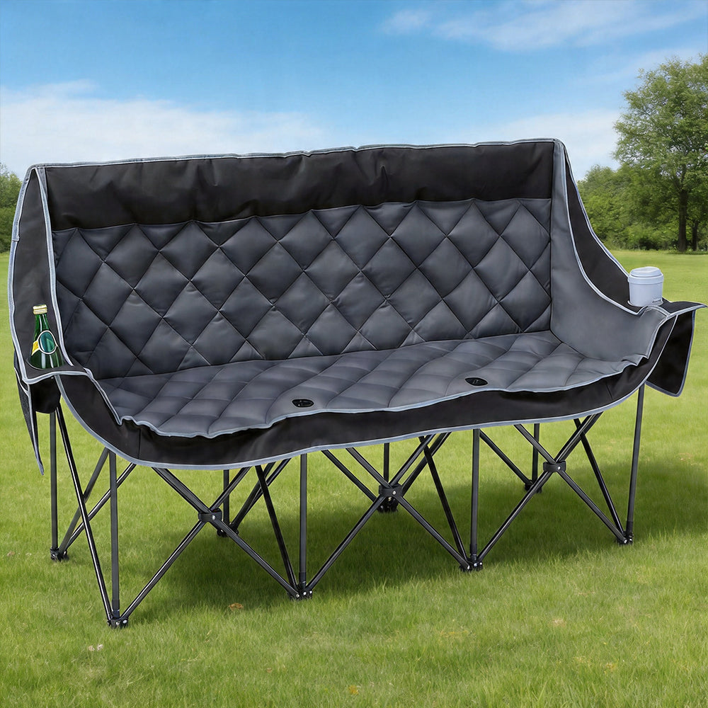 Oversized 3 Person Camping Chair Folding Padded Loveseat with Cup Holders