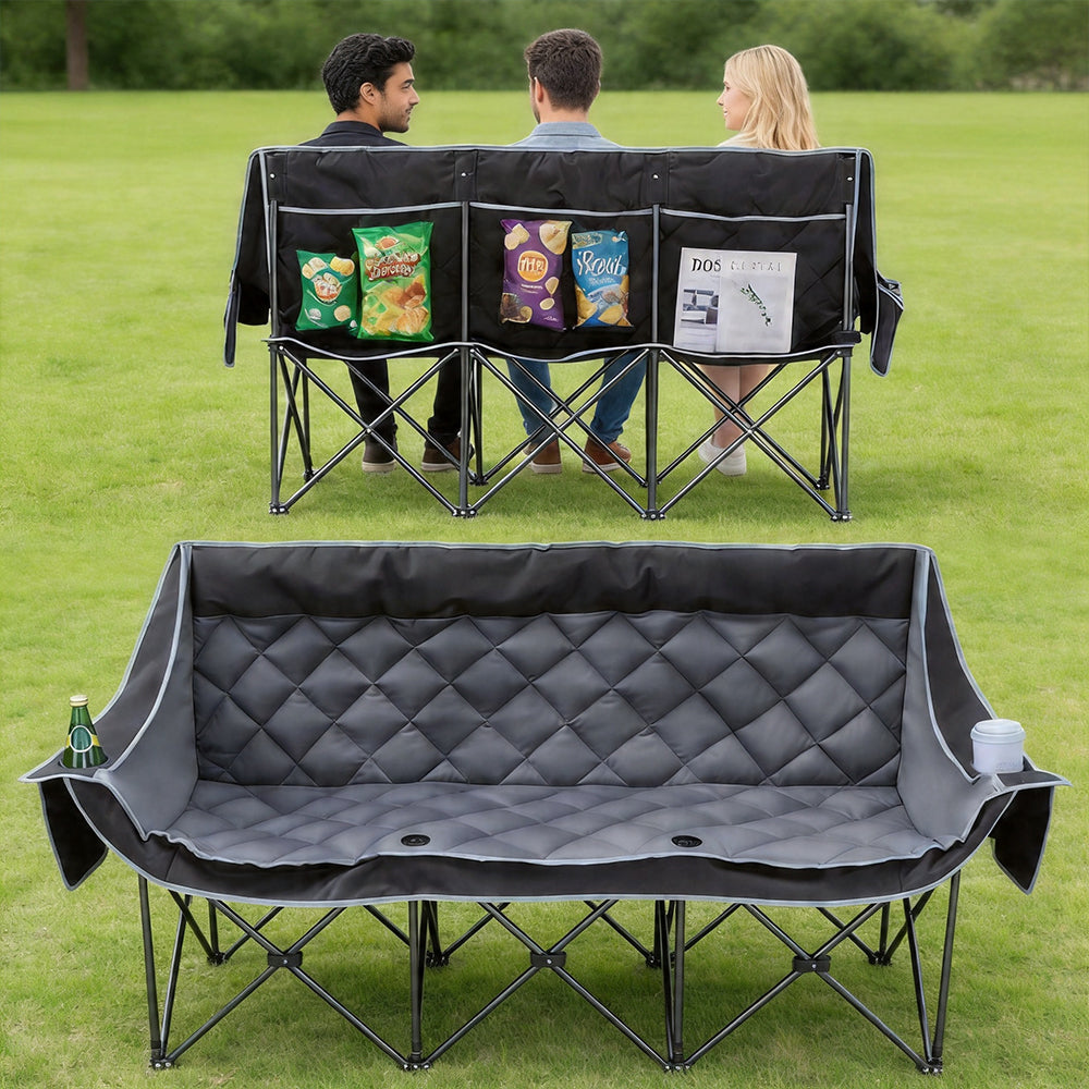Oversized 3 Person Camping Chair Folding Padded Loveseat with Cup Holders