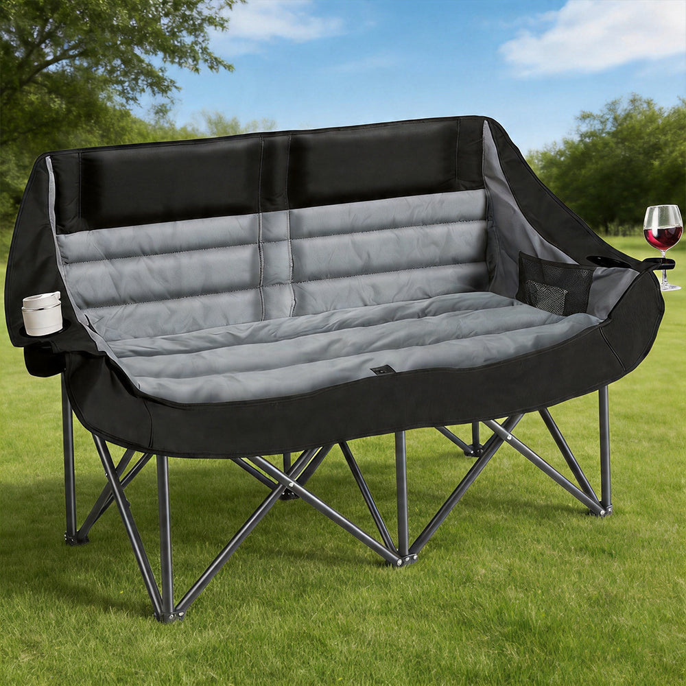 Oversized Double Camping Chair for Two Adults Folding Padded Loveseat with Cup Holders and Carry Bag